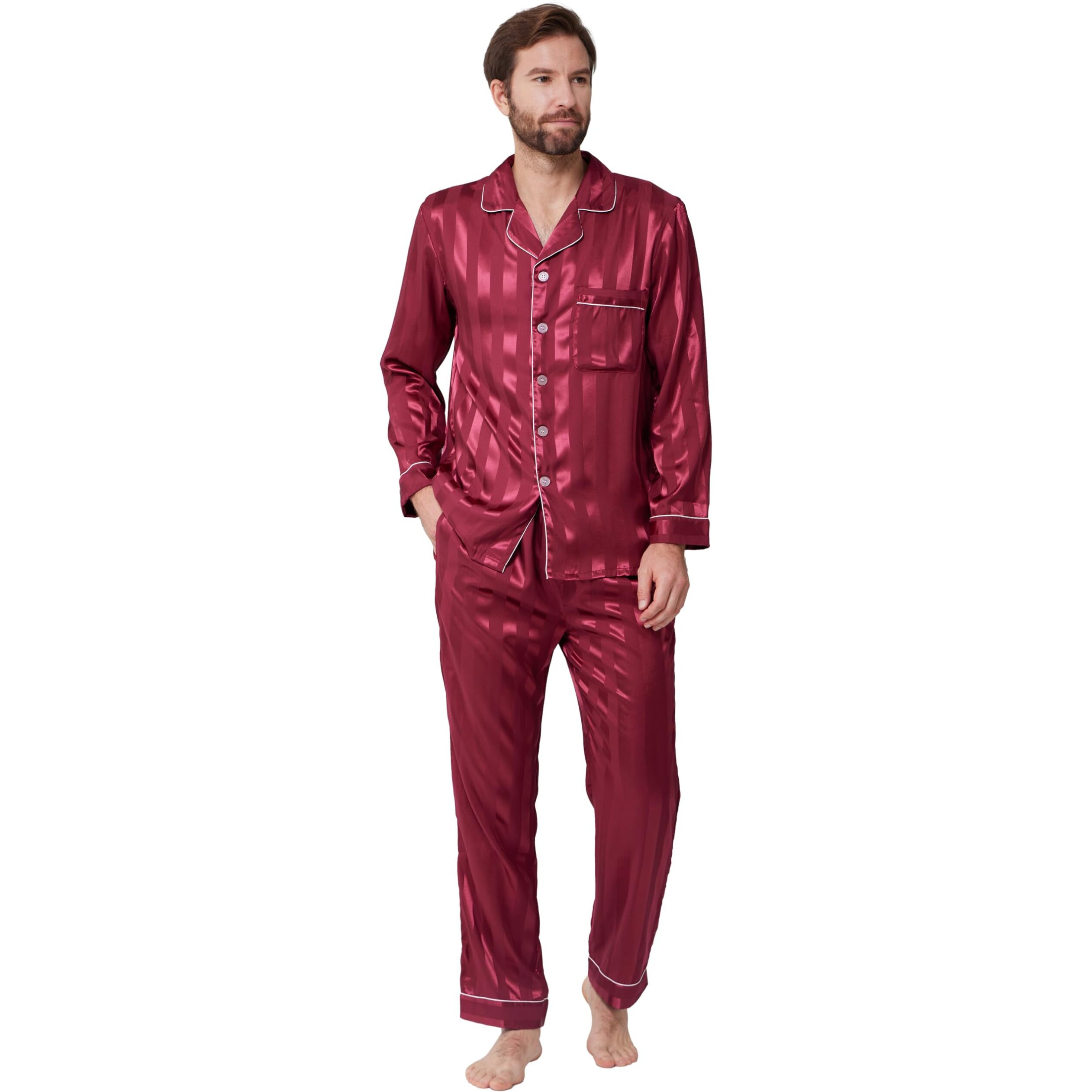 Yimanie Mens Pajamas Silk Satin Pajamas For Men Soft Sleepwear Button Down Loungewear With Pockets