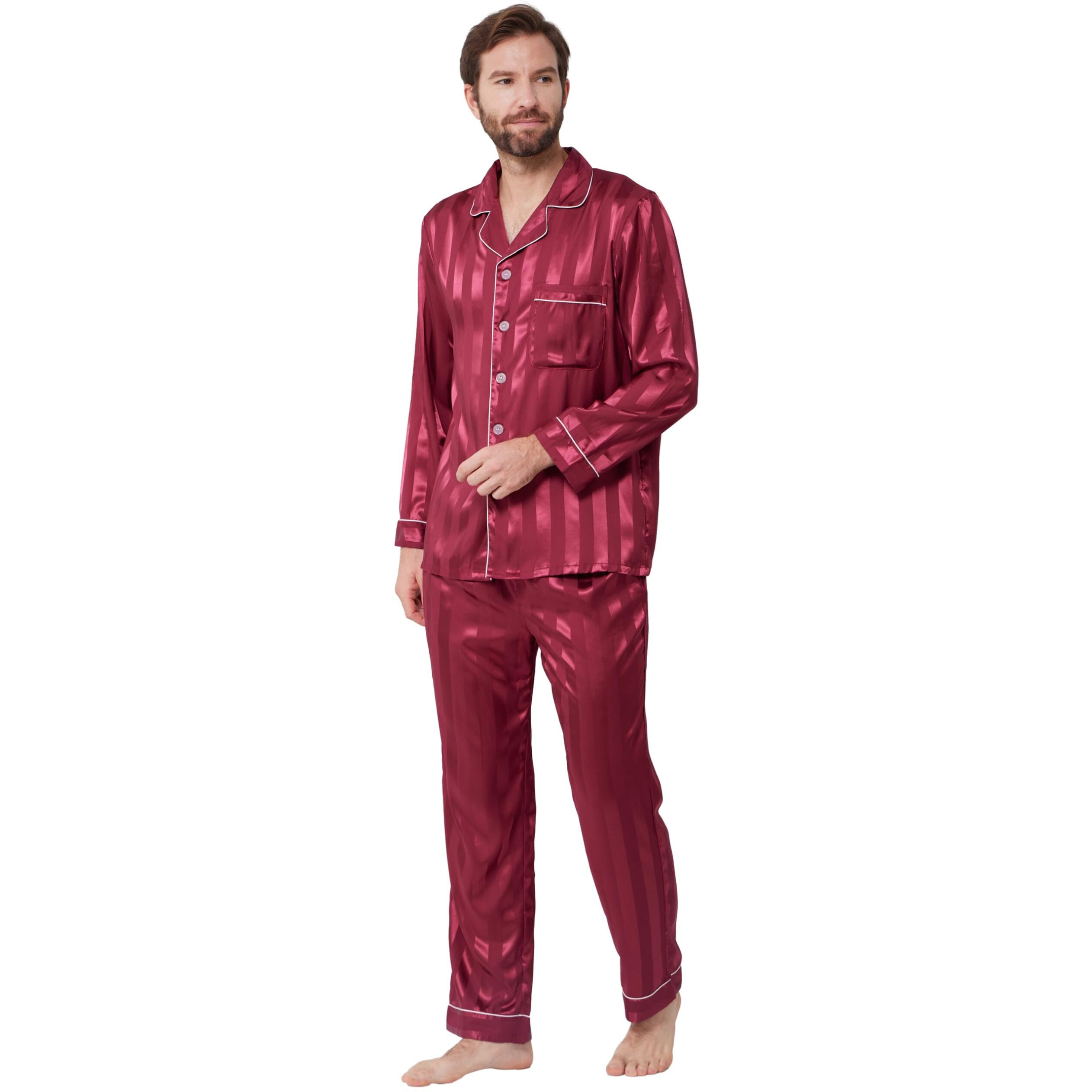 Yimanie Mens Pajamas Silk Satin Pajamas For Men Soft Sleepwear Button Down Loungewear With Pockets