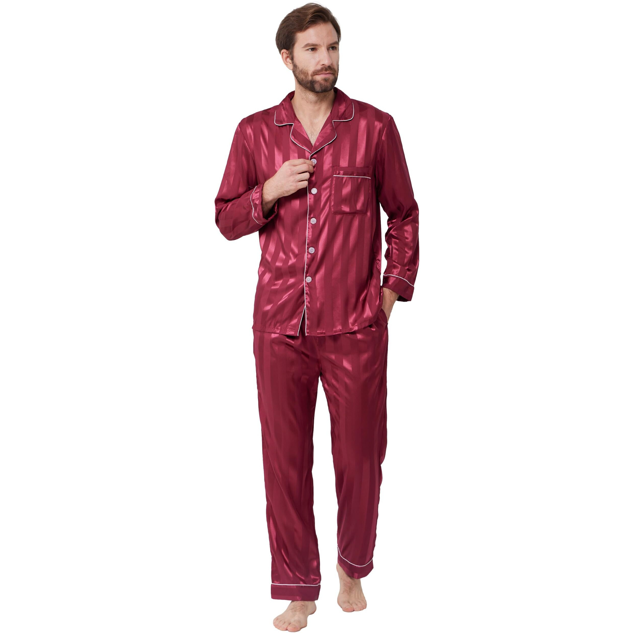 Yimanie Mens Pajamas Silk Satin Pajamas For Men Soft Sleepwear Button Down Loungewear With Pockets
