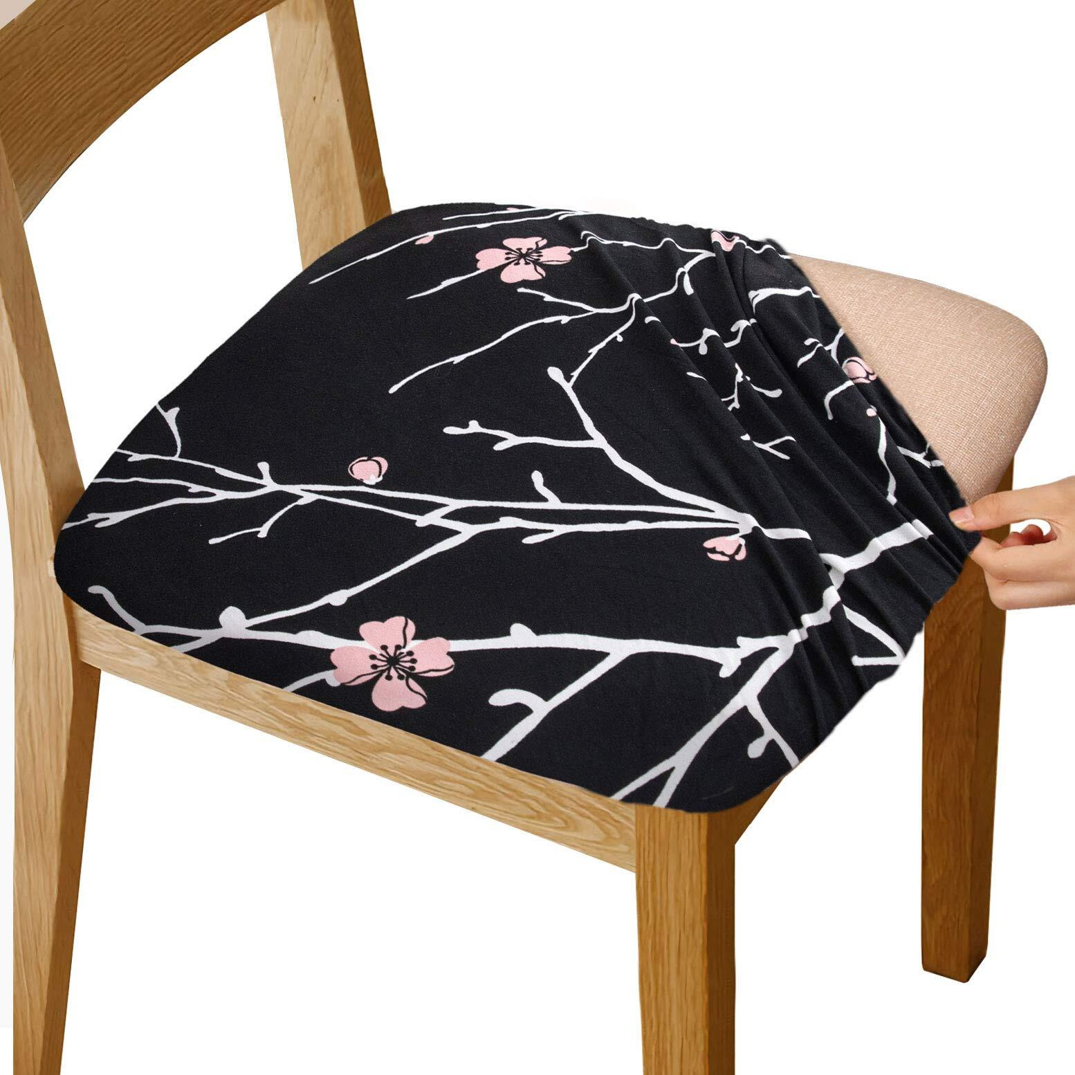 Gute Stretch Printed Chair Seat Covers With Elastic Ties And Button, Removable Washable Dining Upholstered Chair Protector Seat Cushion Slipcovers For Dining Room, Office,Black