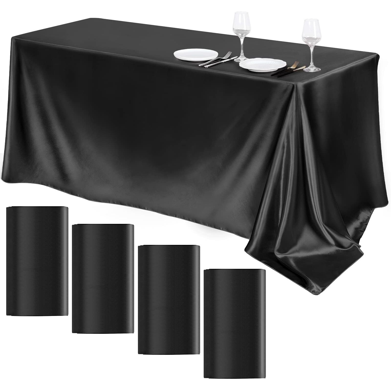Turstin 4 Packs Satin Tablecloth 102 X 58 Inch Overlay Satin Table Cover Rectangle Bright Silk Tablecloth Smooth Fabric Table Decoration For Wedding Banquet Party Events, Black