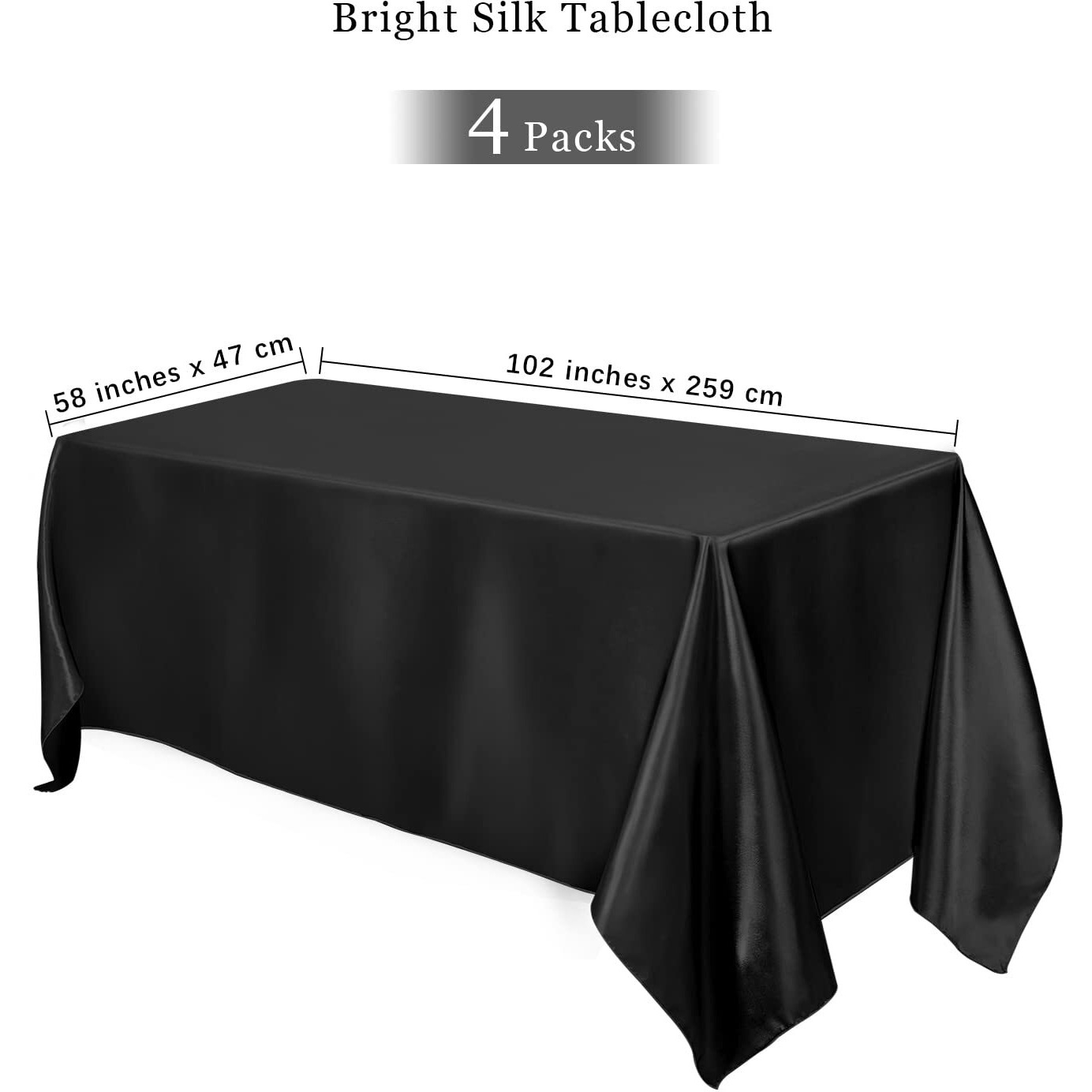 Turstin 4 Packs Satin Tablecloth 102 X 58 Inch Overlay Satin Table Cover Rectangle Bright Silk Tablecloth Smooth Fabric Table Decoration For Wedding Banquet Party Events, Black
