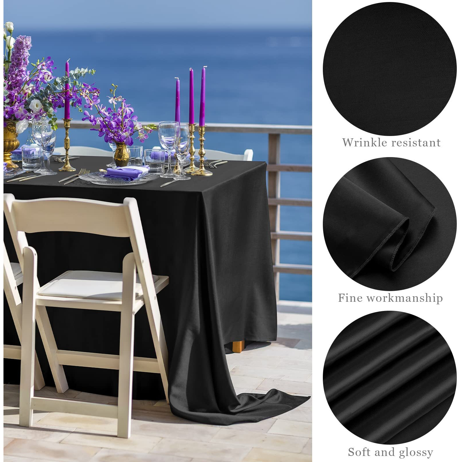 Turstin 4 Packs Satin Tablecloth 102 X 58 Inch Overlay Satin Table Cover Rectangle Bright Silk Tablecloth Smooth Fabric Table Decoration For Wedding Banquet Party Events, Black