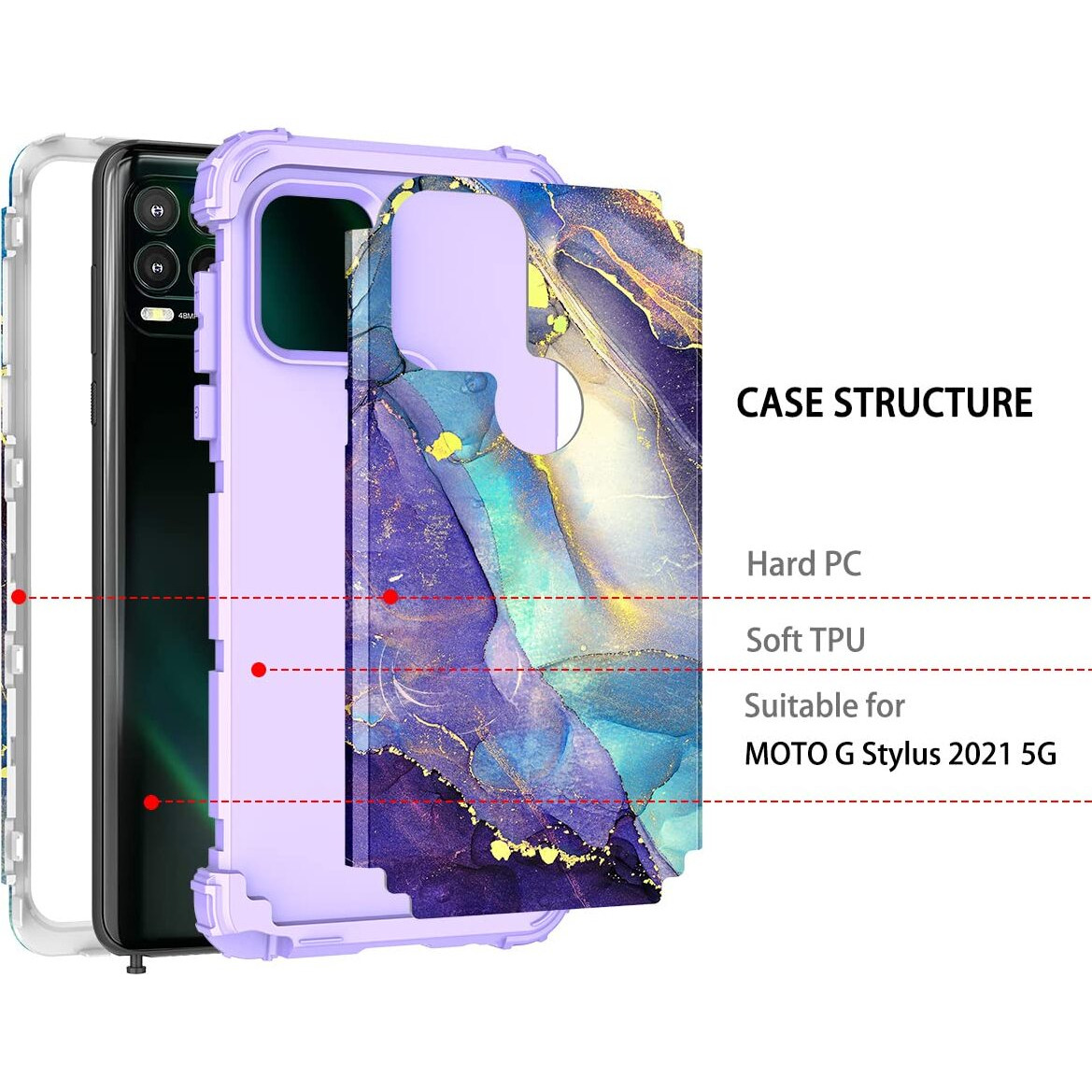 Rancase For Moto G Stylus 2021 5G Case,Three Layer Heavy Duty Shockproof Protection Hard Plastic Bumper +Soft Silicone Rubber Protective Case For Motorola Moto G Stylus 2021 5G,Purple