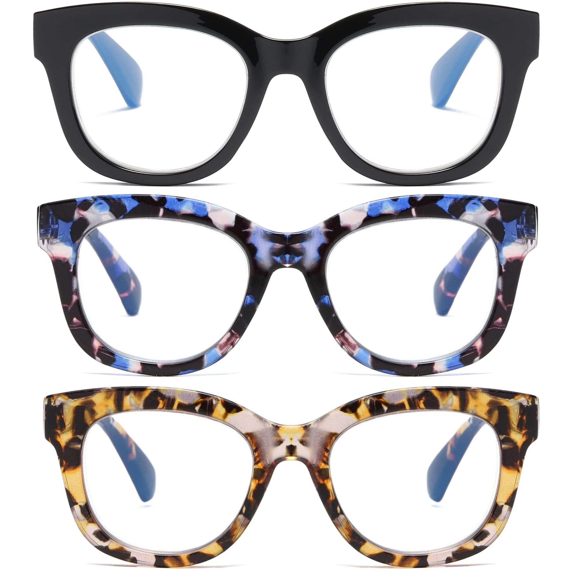 Zxyoo Oversized Reading Glasses For Women,3 Pack Blue Light Blocking Computer Spring Hinge Readers(Blackviolet Leopardy Leopard175)