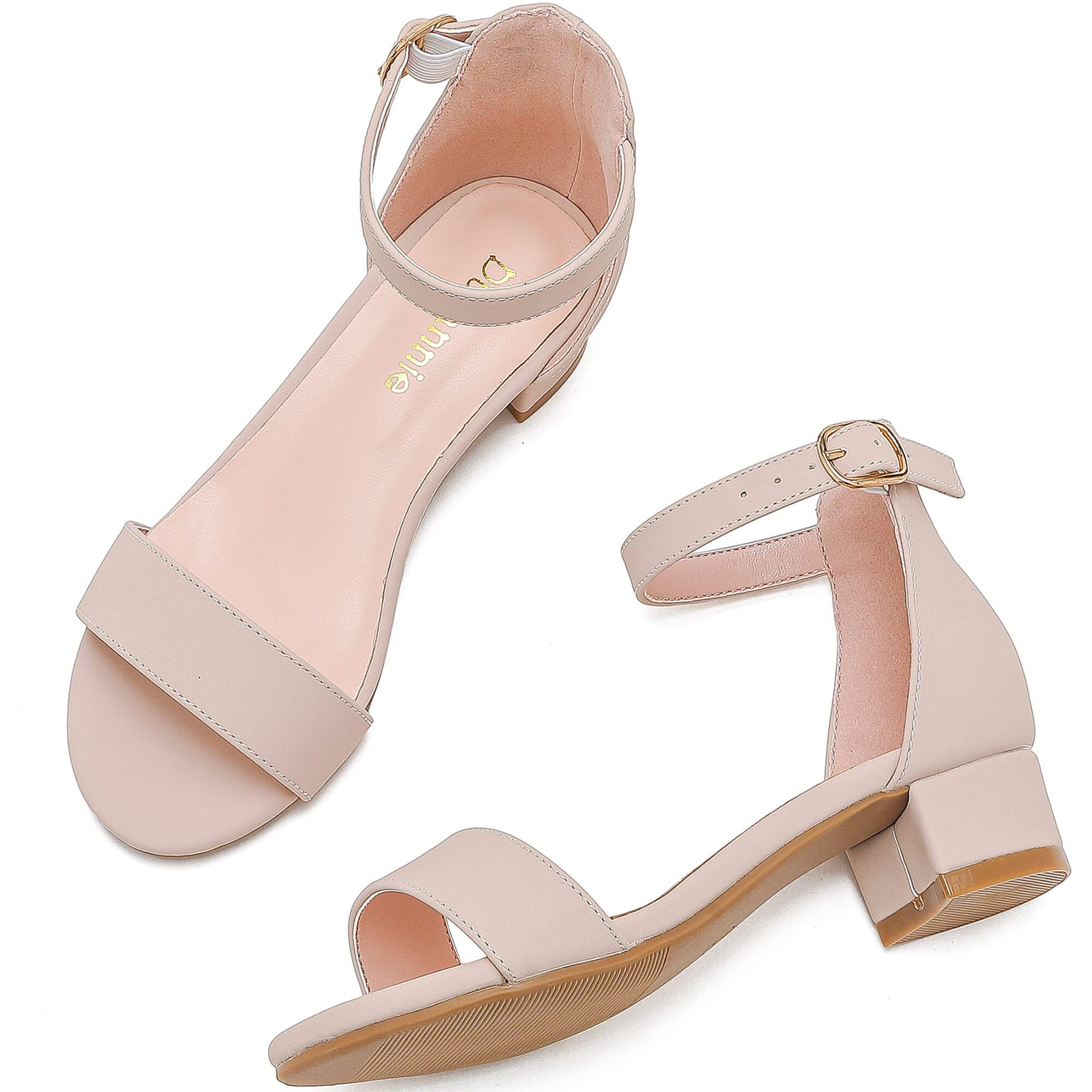Dufannie Nude Sandals Heels For Girls Open Toe Ankle Strap Chunky Heel Girls Dress Shoes Graduations Party Wedding Low Heel Sandals For Toddler Littler Big Kids(3603Nude 12)