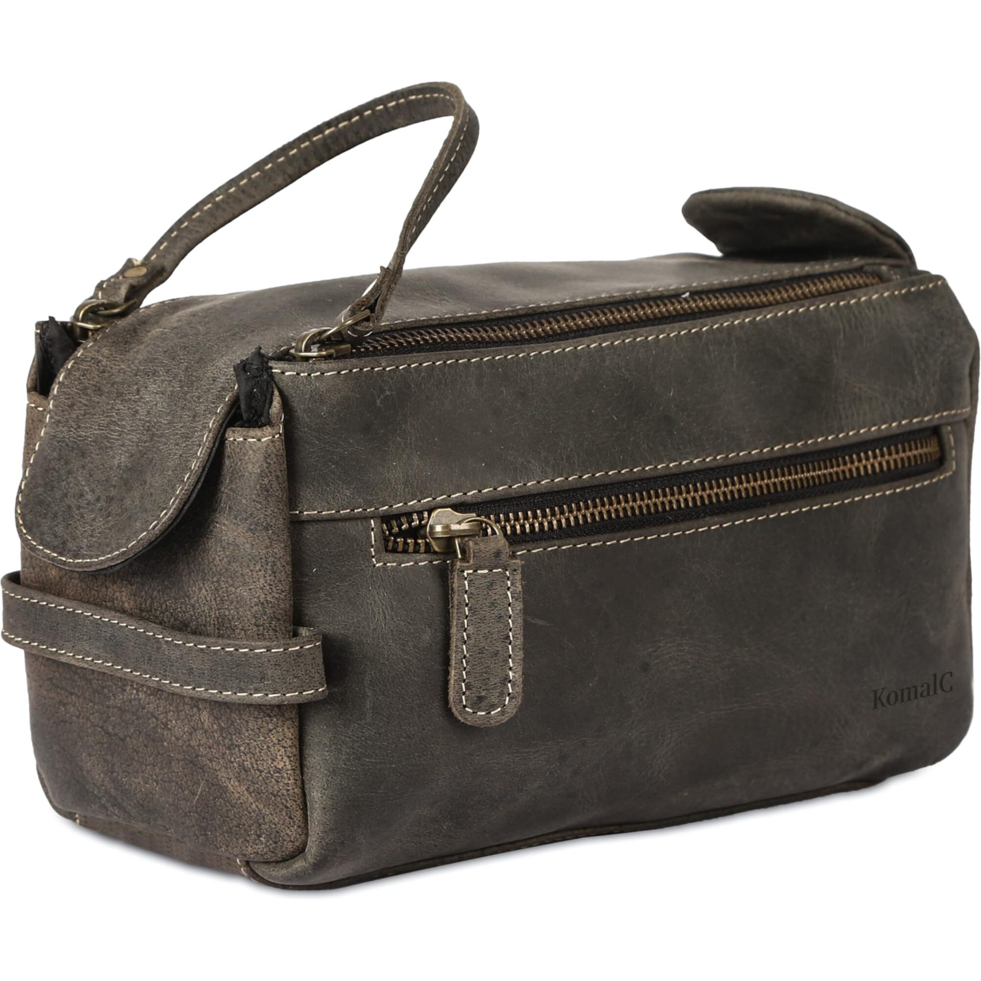 Komalc Premium Buffalo Leather Unisex Toiletry Bag Travel Dopp Kit (Charcoal Black)
