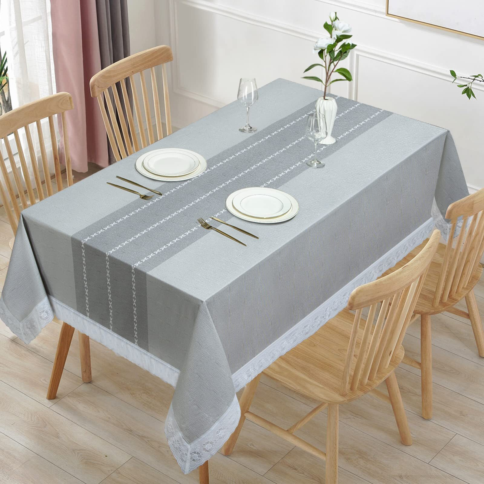 Jucfhy Vinyl Tablecloth With Flannel Backing,Plastic Waterproof Rectangle Tablecloths,Flannel Backed Table Cloth For Camping Dining Indoor & Outdoor,Durable Table Cover(Grey Stripes,60 X 84 Inch)