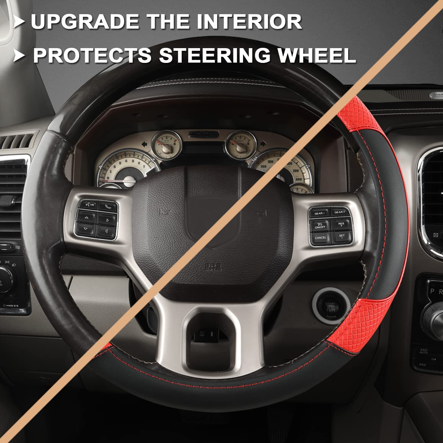 Giant Panda Car Steering Wheel Cover For Dodge Ram 1500 2500 3500 15.5-16 Inches - Black+Red