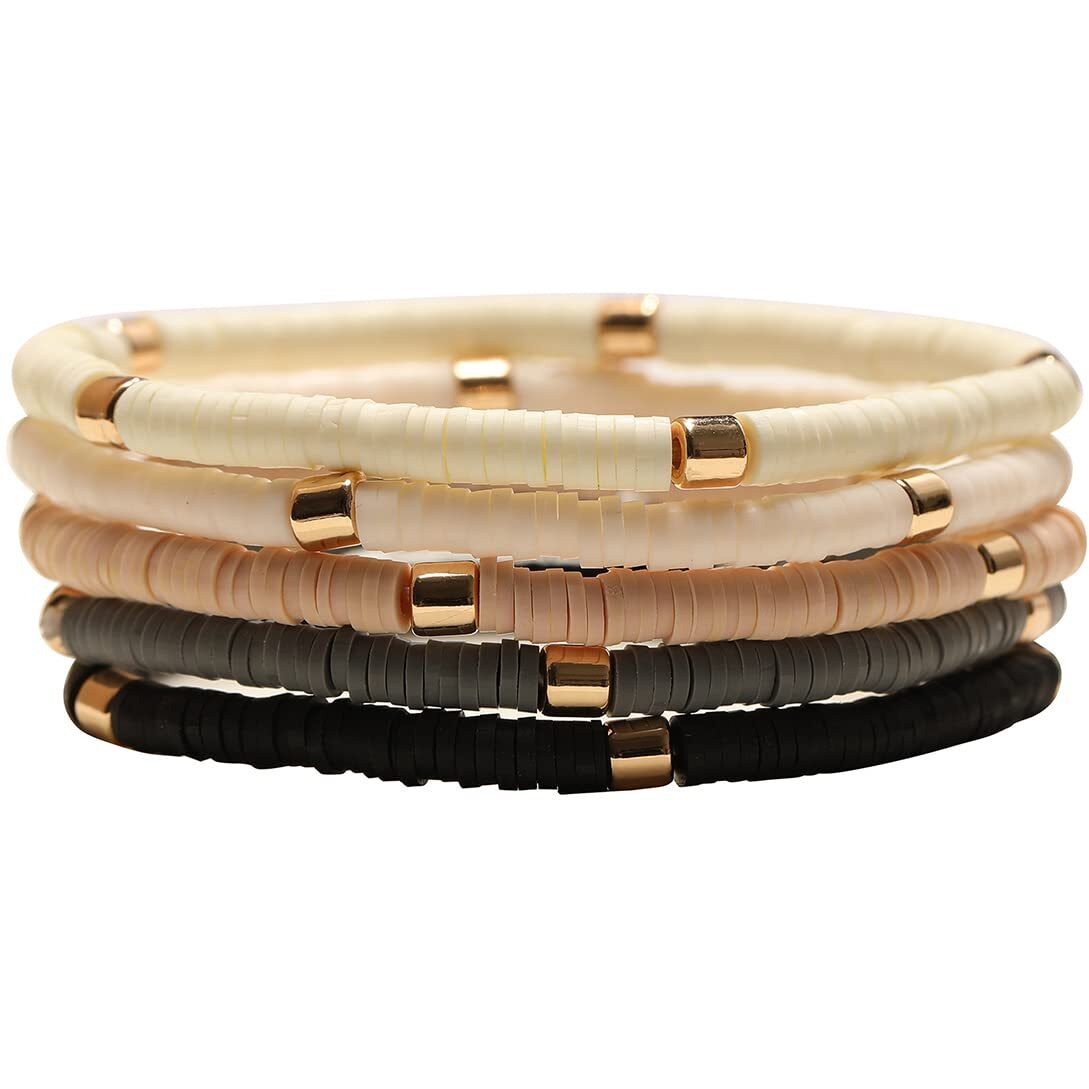 Goojids Surfer Heishi Clay Bead Bracelets For Women Bohemian Stackable Gold Beaded Stretch Bracelets Elastic Layering Friendship Bracelets Set Boho Jewelry (B-New Surfer Color B)