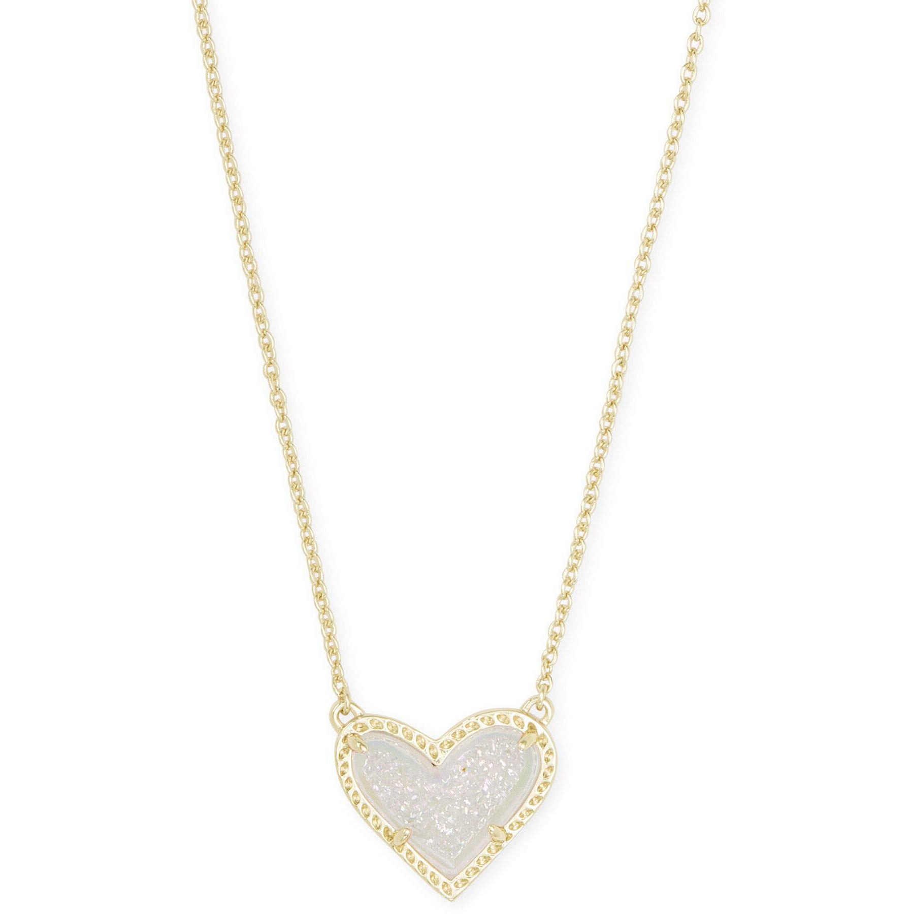 Kendra Scott Ari Heart Adjustable Length Pendant Necklace For Women, Fashion Jewelry, 14K Gold-Plated, Iridescent Drusy