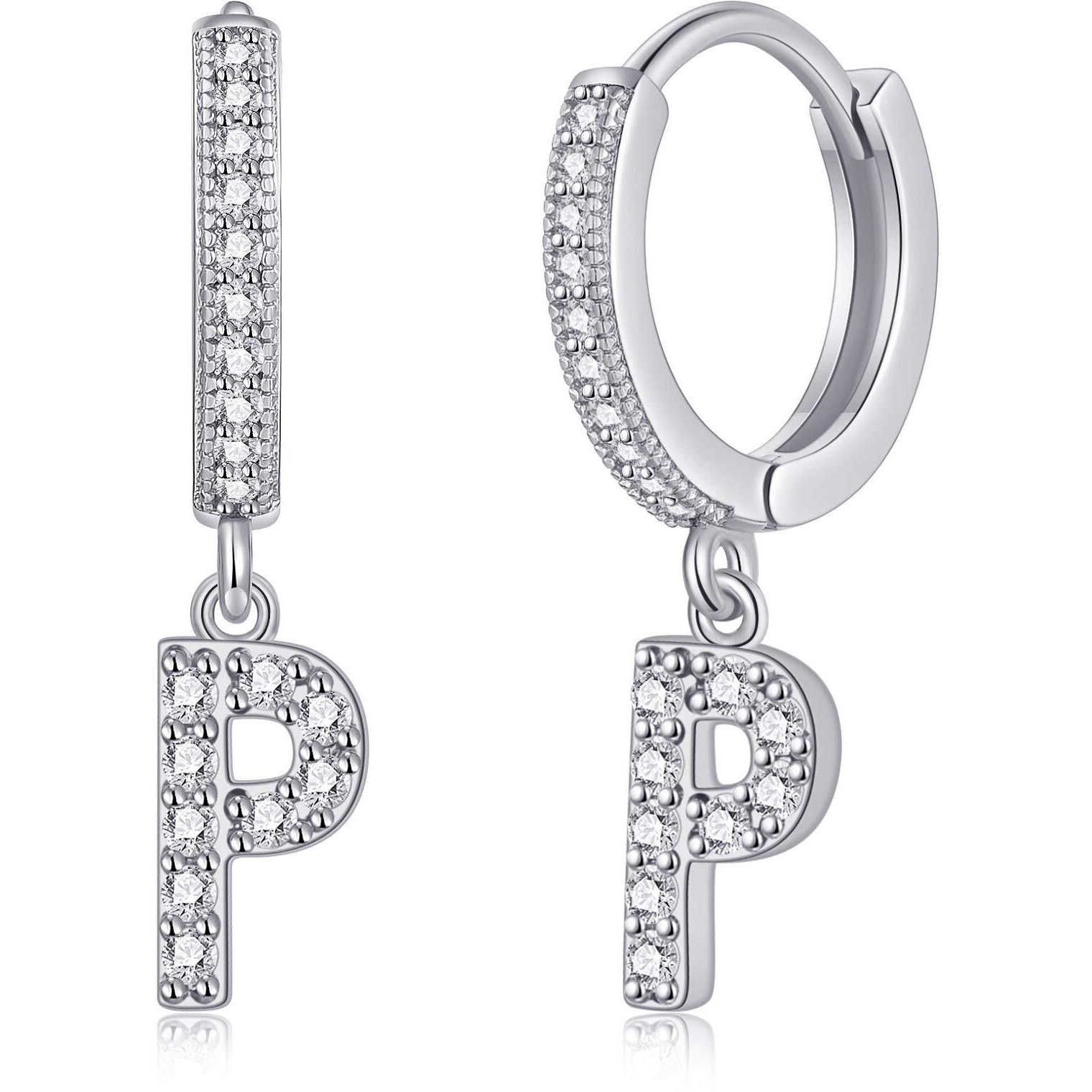 Initial Dangle Hoop Earrings For Women Siver Cubic Zirconia Personalized Letter P Huggie Earrings Gift For Her