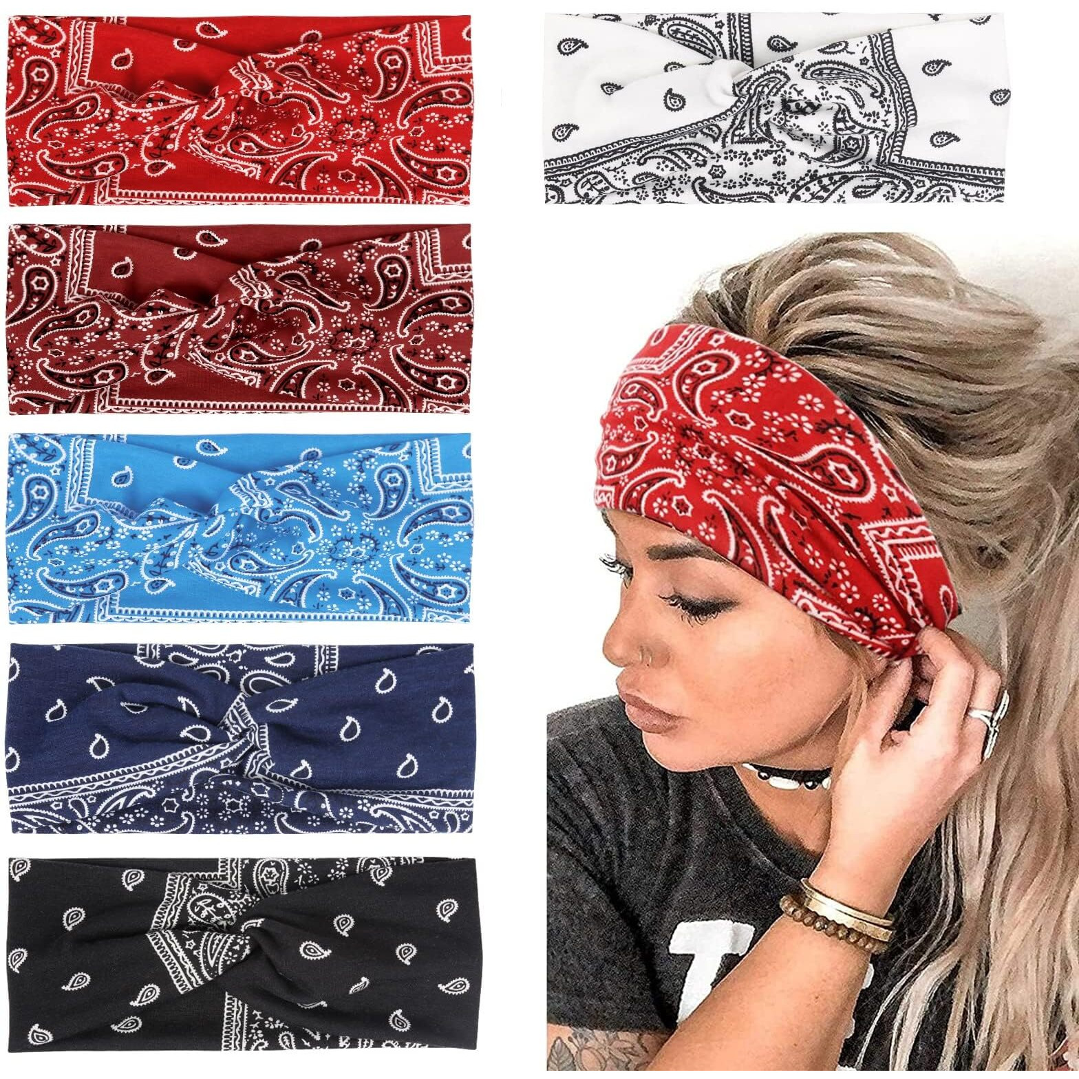 Huachi Boho Headbands For Women's Hair Elastic Hairbands Head Bands Non Slip Wide Twisted Turban Headwrap Fashion Paisley Hair Accessories, 6 Pack