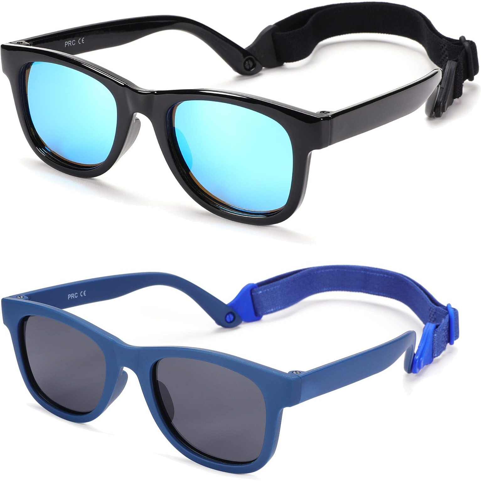 Coasion 2 Pack Bendable Flexible Polarized Newborn Baby Sunglasses With Strap For Infant Boys Girls Age 0-12 Months (Black/Blue Mirror+Dark Blue/Gray)