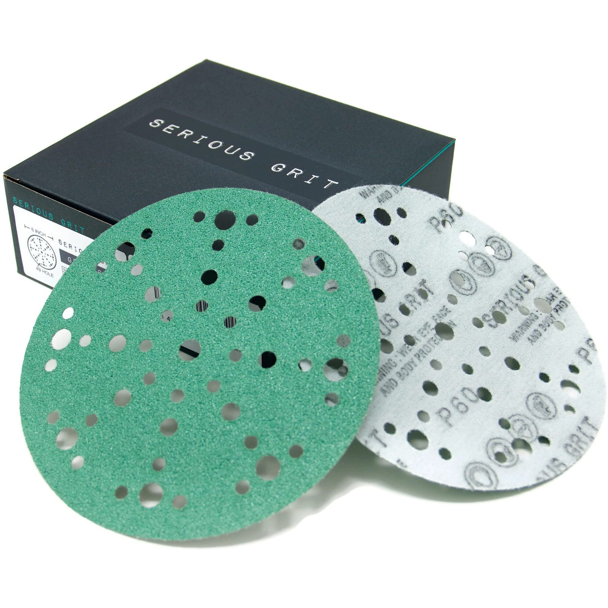 Serious Grit - 6-Inch 49-Hole 60 Grit Sanding Discs - Heavy-Duty Hook  Loop Hook And Loop-Backed Film Discs - Sandpaper For Random Orbital Sanders - 25 Pack Box