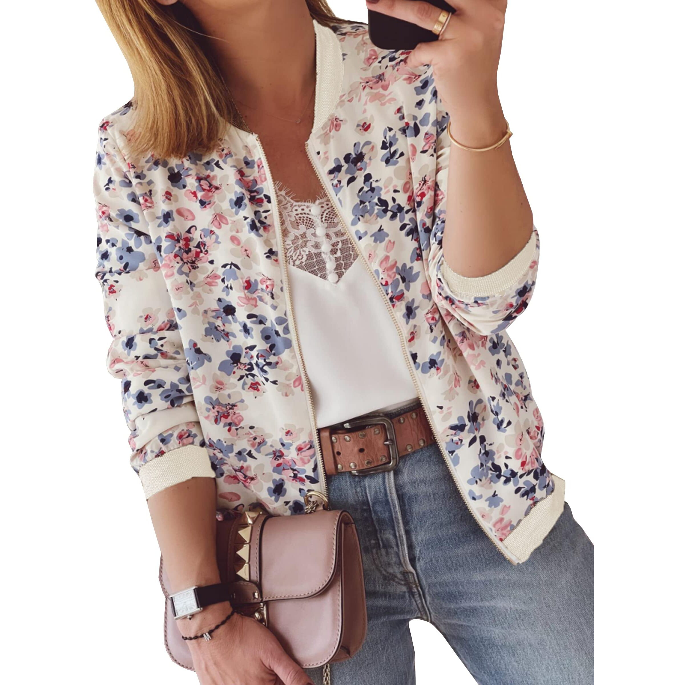 Ecowish Women's Casual Floral Zip Up Bomber Jacket Coat Stand Collar Lightweight Short Outwear Tops Windbreaker With Pockets 3303 Blue Flower Large