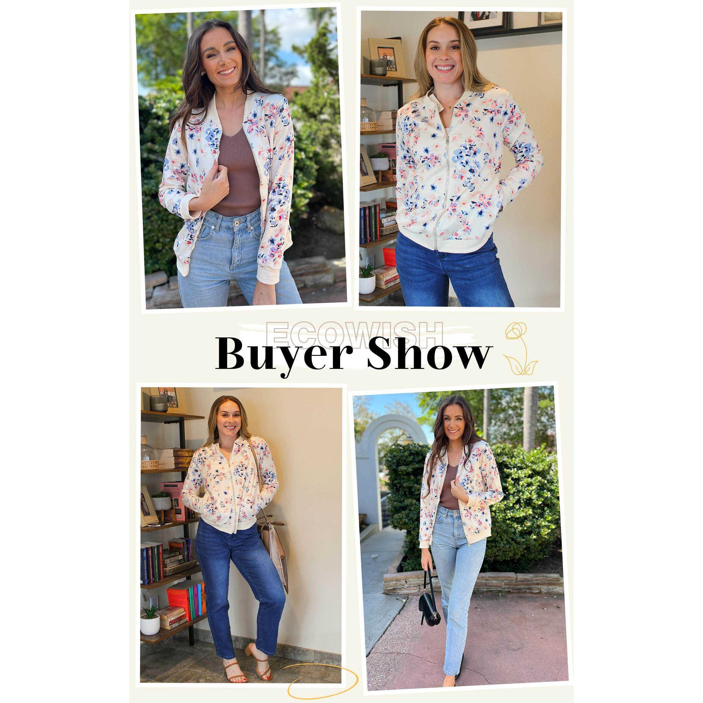 Ecowish Women's Casual Floral Zip Up Bomber Jacket Coat Stand Collar Lightweight Short Outwear Tops Windbreaker With Pockets 3303 Blue Flower Large