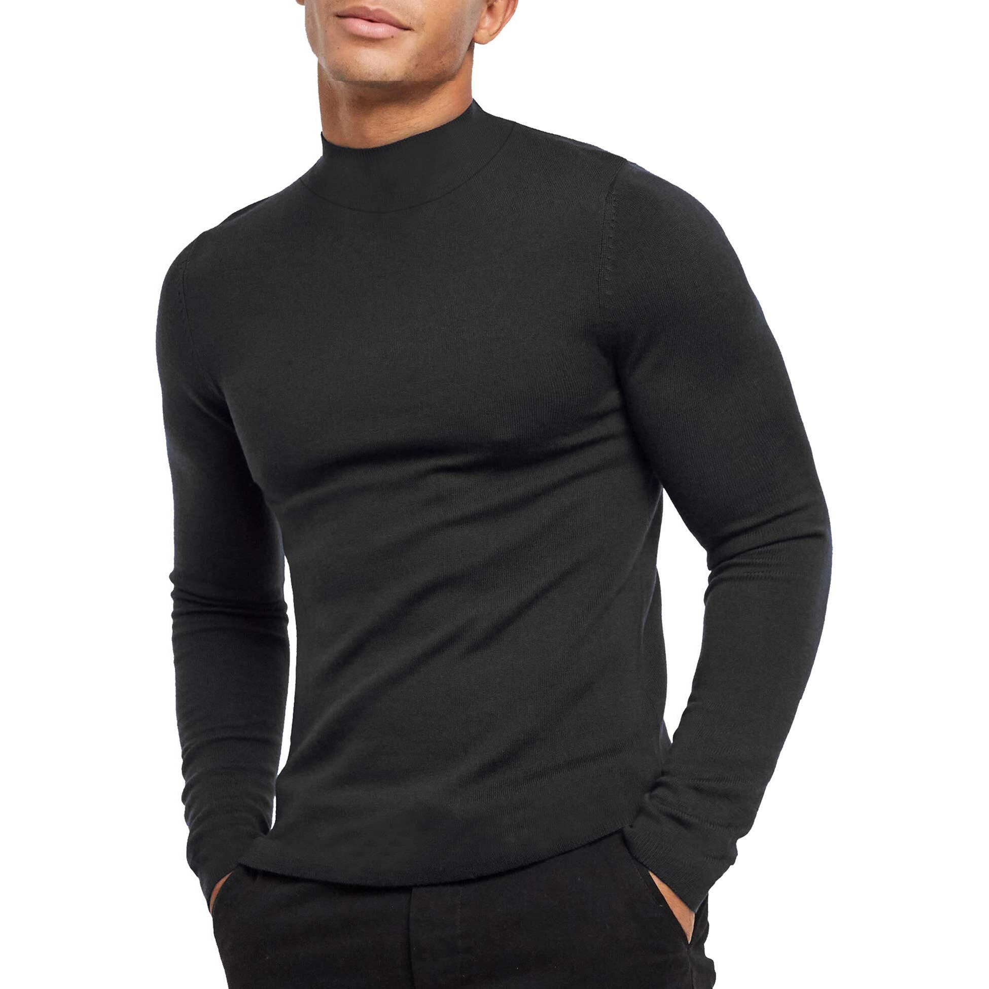 Kingbega Men's Regular Fit Basic Lightweight Long Sleeve Pullover Shirt Mock Turtleneck, Black, Medium