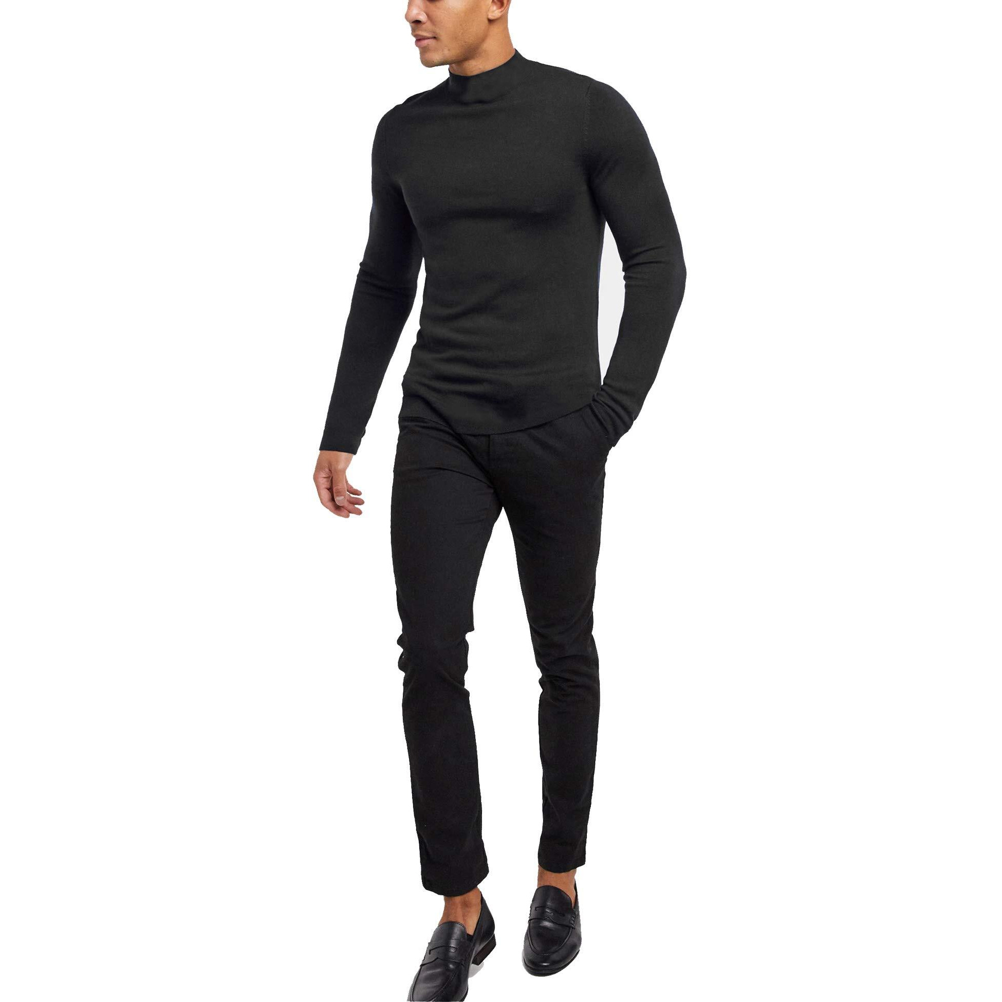 Kingbega Men's Regular Fit Basic Lightweight Long Sleeve Pullover Shirt Mock Turtleneck, Black, Medium