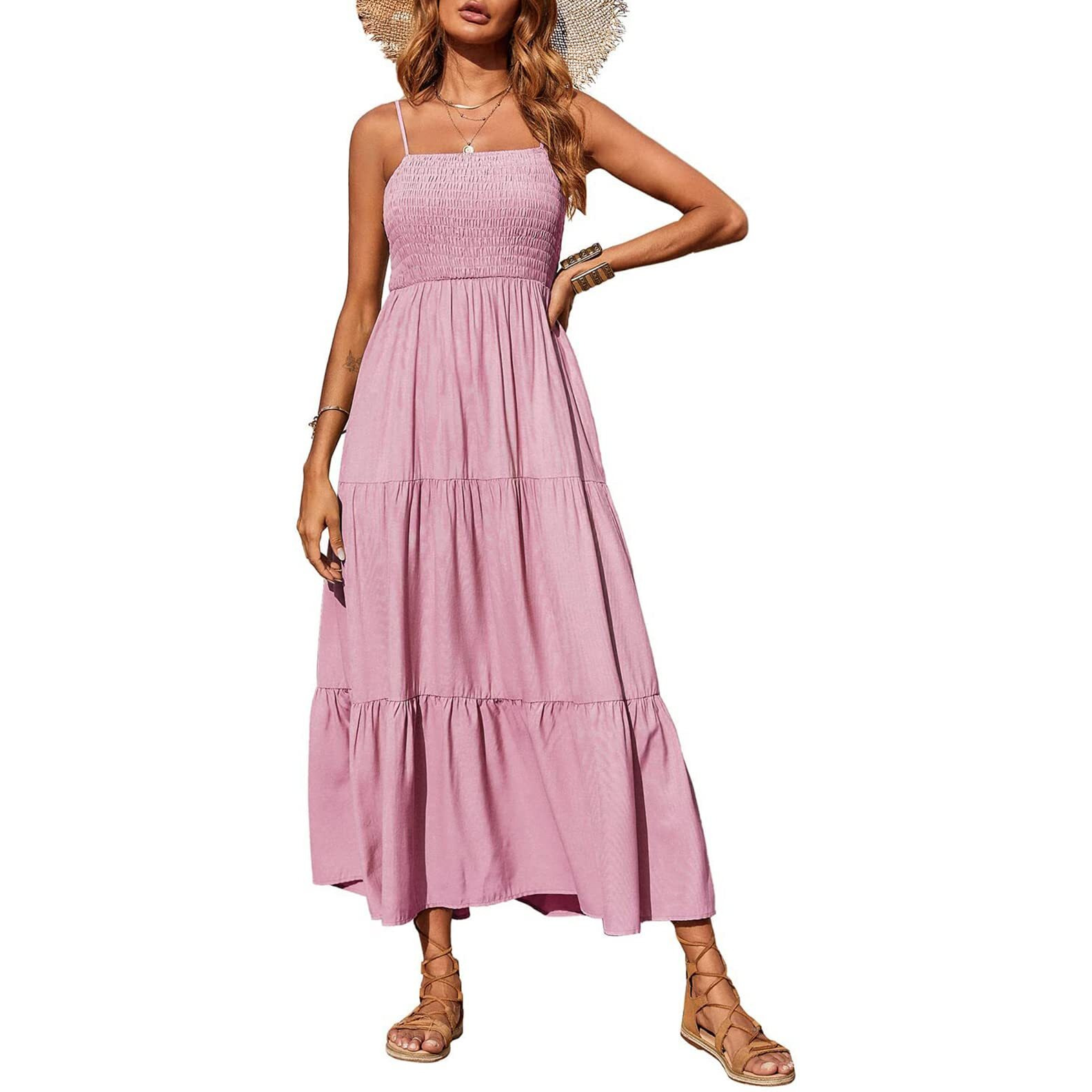 Prettygarden Women's Summer Maxi Dress 2024 Casual Boho Sleeveless Spaghetti Strap Smocked Tiered Long Beach Sun Dresses (Pink,Xl)