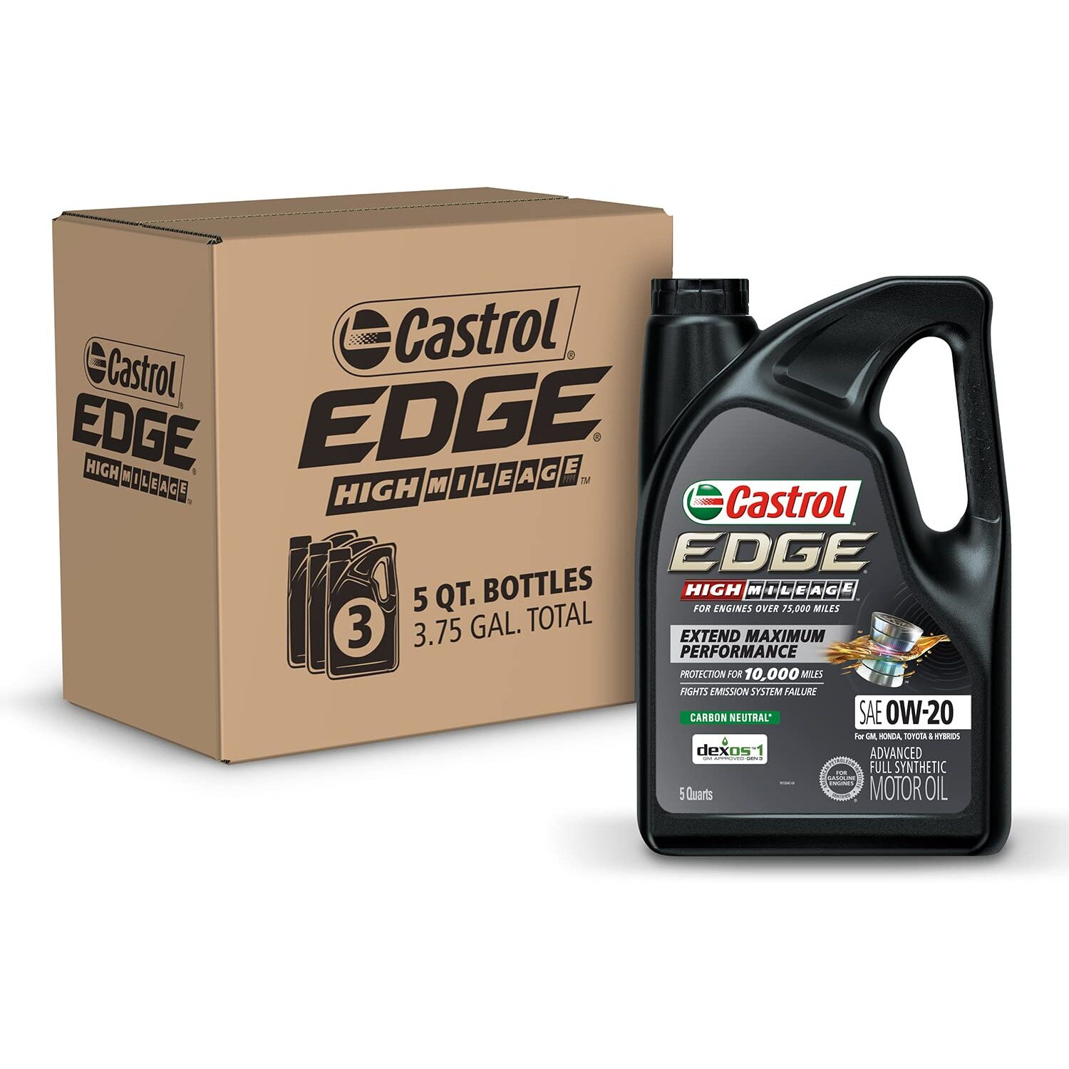 Castrol Edge High Mileage 0W-20 Advanced Full Synthetic Motor Oil, 5 Quart (Pack Of 3)