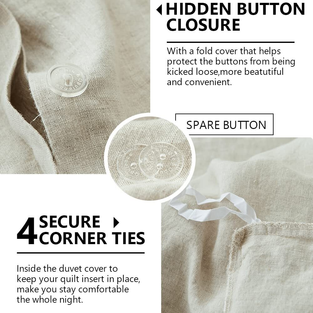 Simple&Opulence 100% Washed Linen Duvet Cover Set 5Pcs(1 Duvet Cover& 2 Shams& 2 Pillowcases) Basic Style Natural French Flax Soft Breathable Farmhouse Bedding (Queen, Linen)