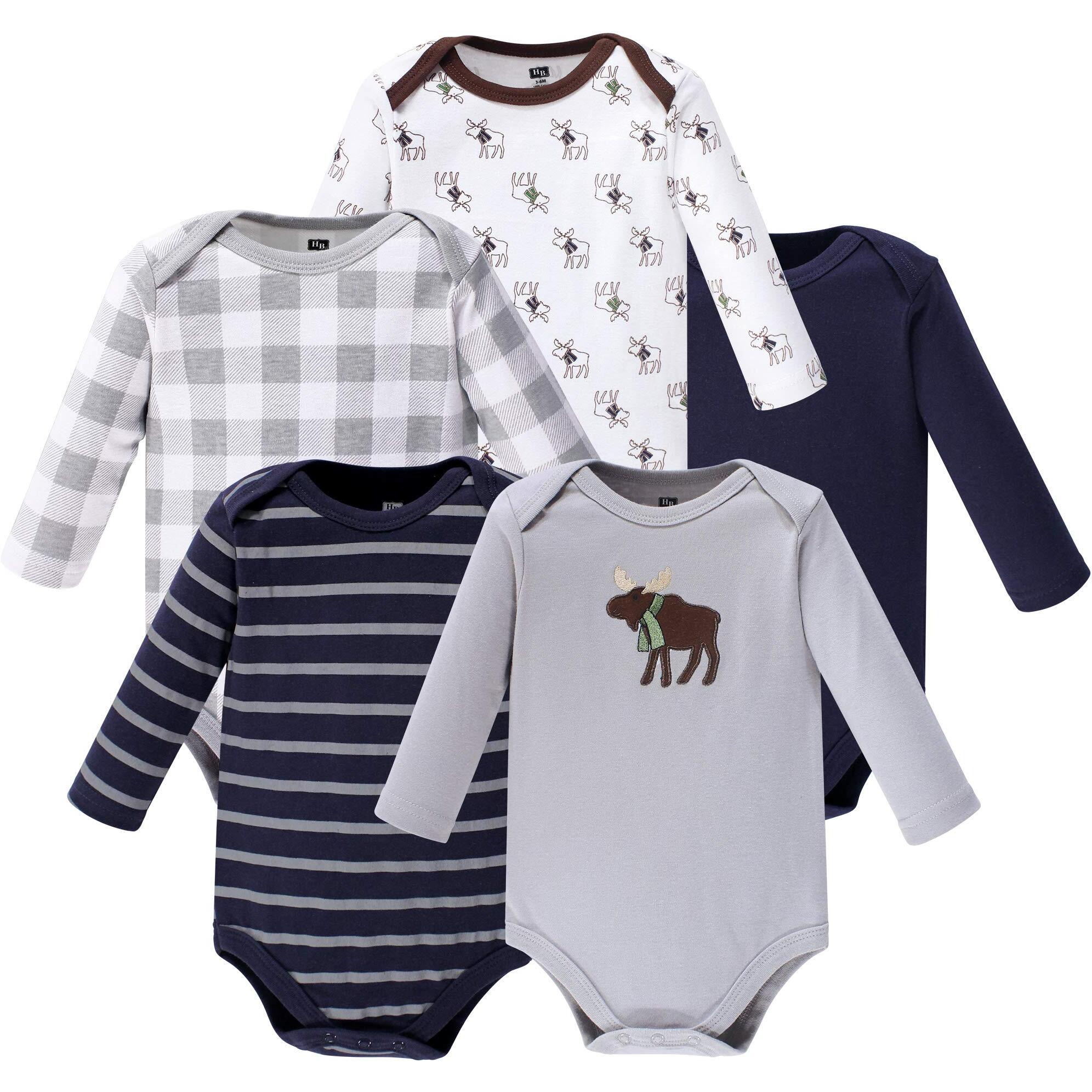 Hudson Baby Unisex Baby Cotton Long-Sleeve Bodysuits Gray Moose, 9-12 Months