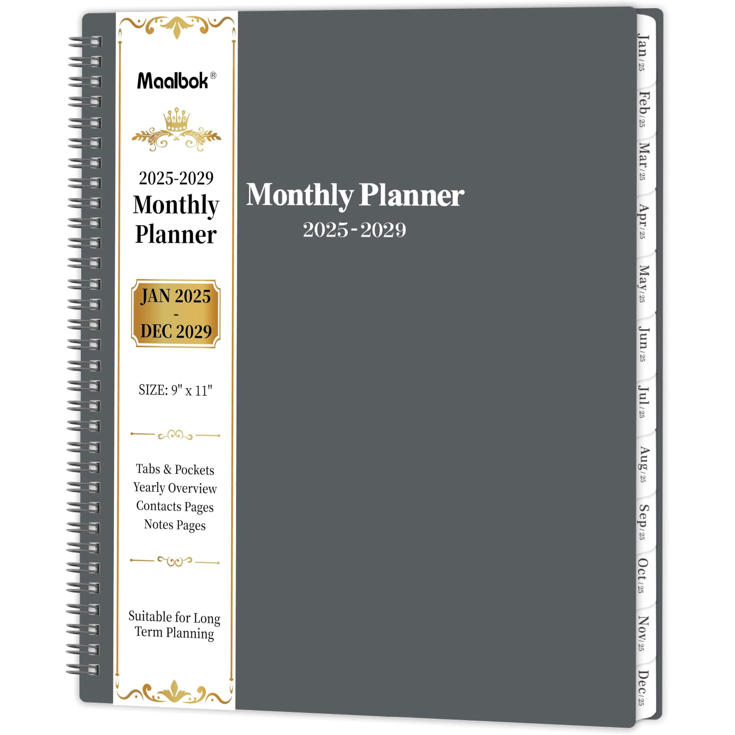 2025-2029 Monthly Planner/Calendar - Jan 2025 - Dec 2029, 5 Year Monthly Planner With Tabs & Celebrity Quotes, 9" X 11", Famous Quotes, Two-Side Pocket, Suitable For Long-Term Planning, Grey