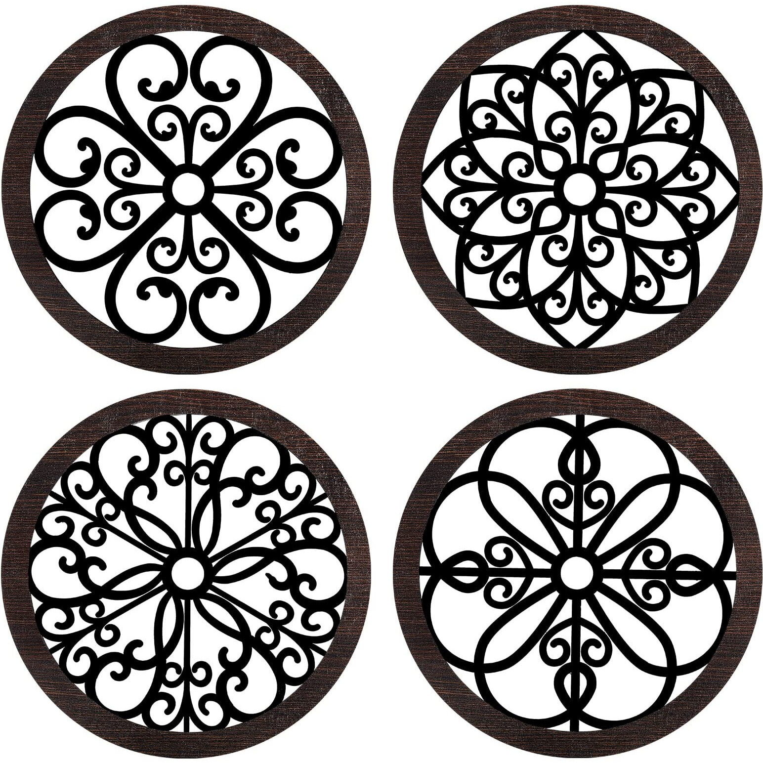 Yulejo 4 Pcs Thicken Rustic Wall Decor Farmhouse Wall Art Wooden Hollow Carved Design Decor Rustic Round Wall Art For Living Room Bedroom Hallway Decor Kitchen Wall (Black, Brown,9.8 X 9.8 Inch)