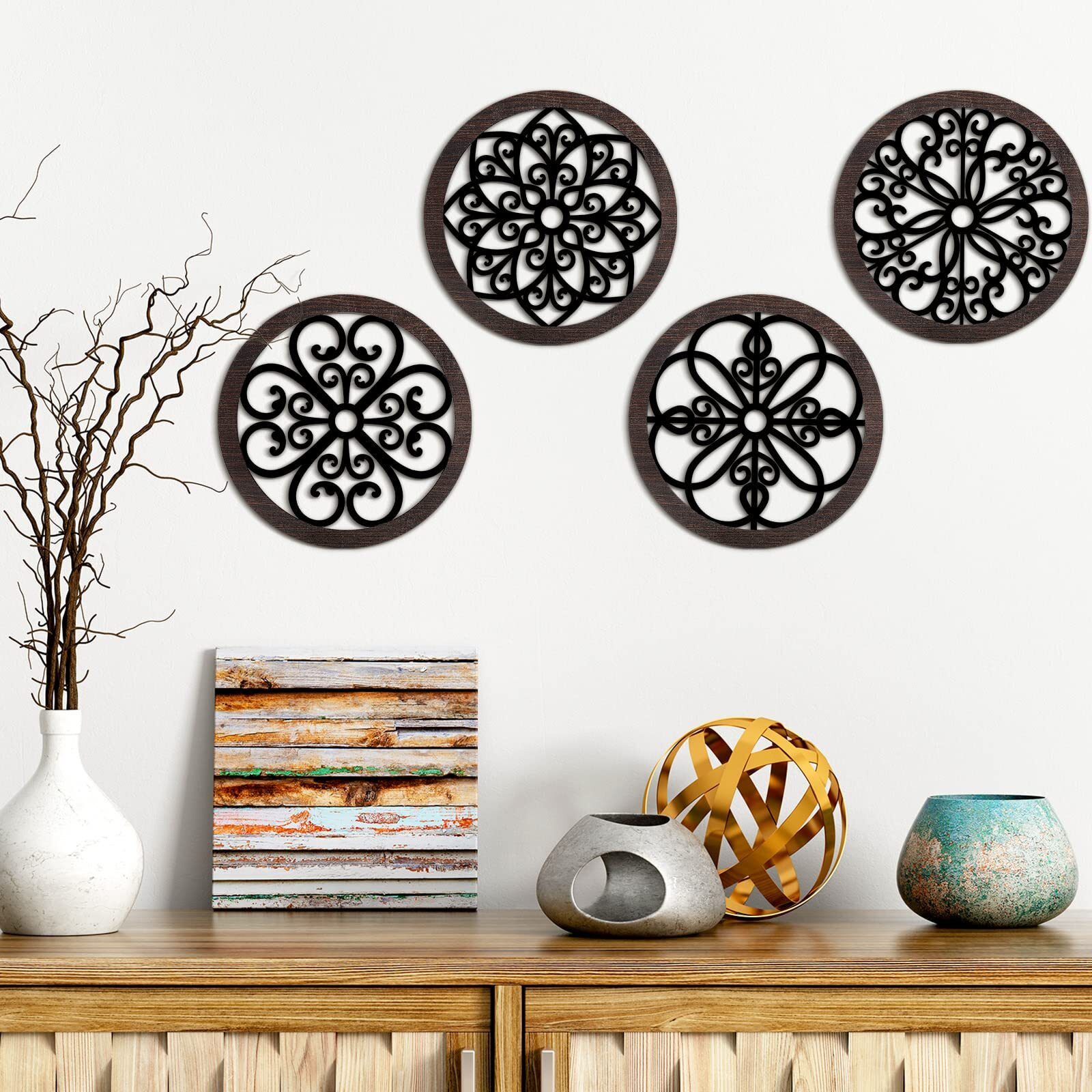 Yulejo 4 Pcs Thicken Rustic Wall Decor Farmhouse Wall Art Wooden Hollow Carved Design Decor Rustic Round Wall Art For Living Room Bedroom Hallway Decor Kitchen Wall (Black, Brown,9.8 X 9.8 Inch)