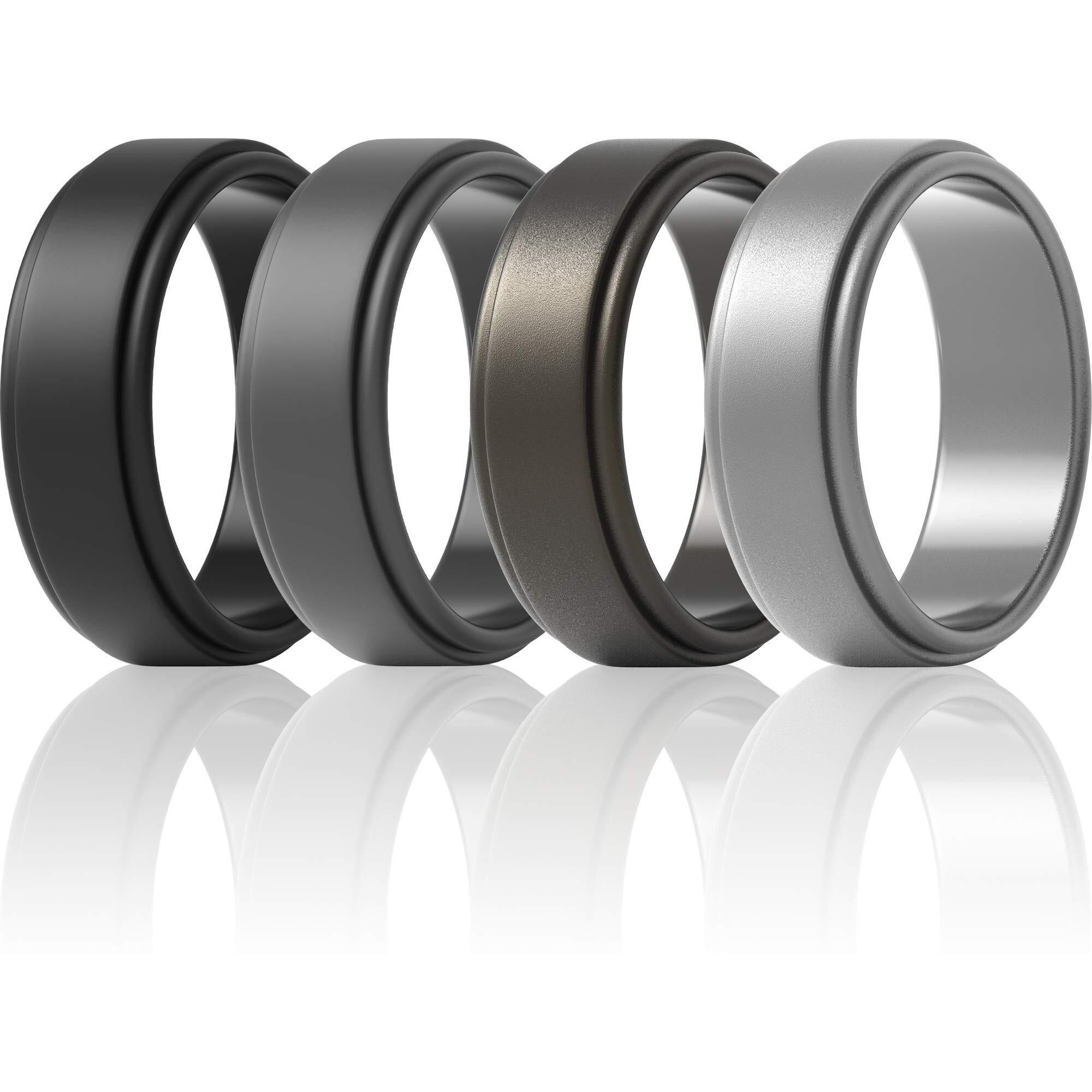 Thunderfit Silicone Wedding Rings For Men - 4 Rubber Engagement Bands - 8Mm Width - 2Mm Thickness (Black, Dark Grey, Brass, Bright Silver, 14.5-15 (23.82Mm))