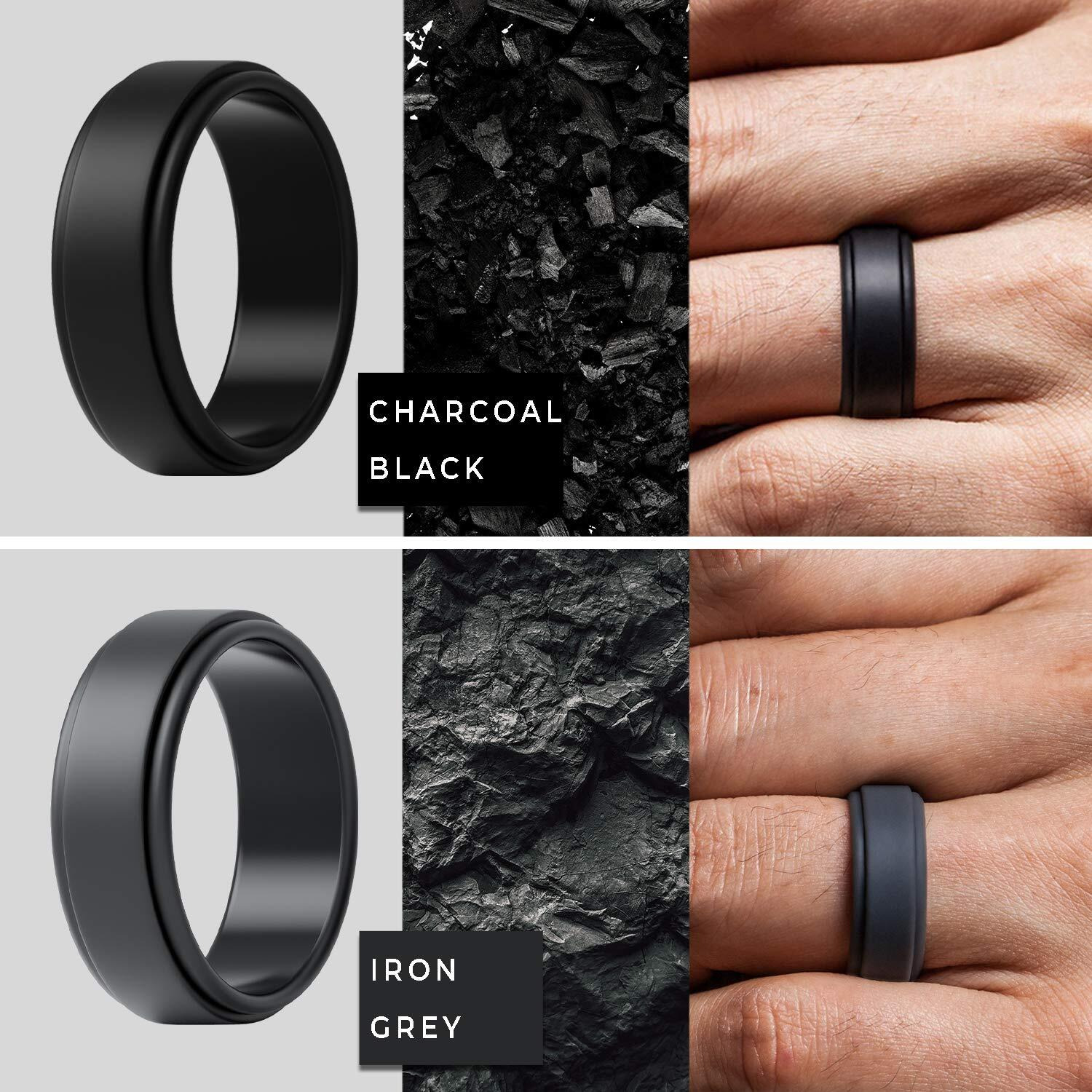 Thunderfit Silicone Wedding Rings For Men - 4 Rubber Engagement Bands - 8Mm Width - 2Mm Thickness (Black, Dark Grey, Brass, Bright Silver, 14.5-15 (23.82Mm))