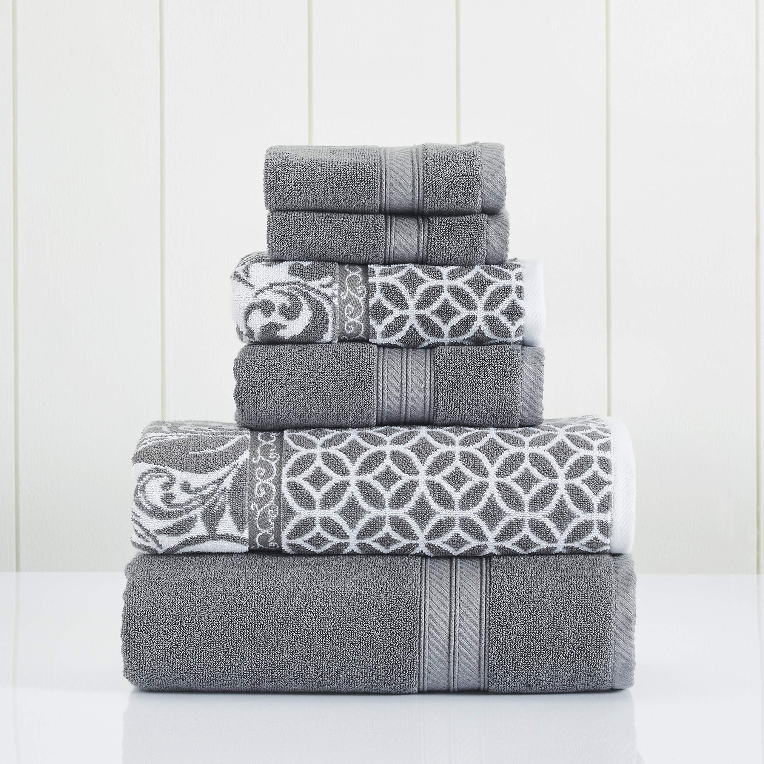 Modern Threads Trefoil Filigree 6-Piece Reversible Yarn Dyed Jacquard Towel Set - Bath Towels, Hand Towels,  Washcloths - Super Absorbent  Quick Dry - 100 Combed Cotton