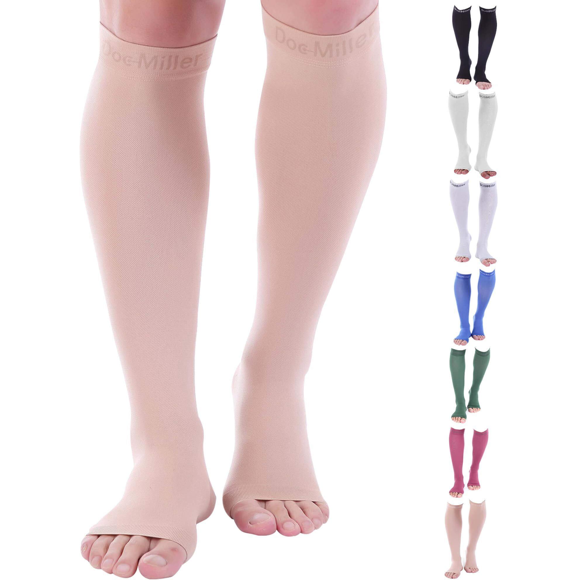 Doc Miller Open Toe Compression Socks, 20-30 Mmhg, Toeless, Support Circulation, Shin Splints, Calf Recovery, Post Op, Knee High, Medical Grade, Nude/Skin Socks, 5X-Large Size, Tall Men & Women, Pair