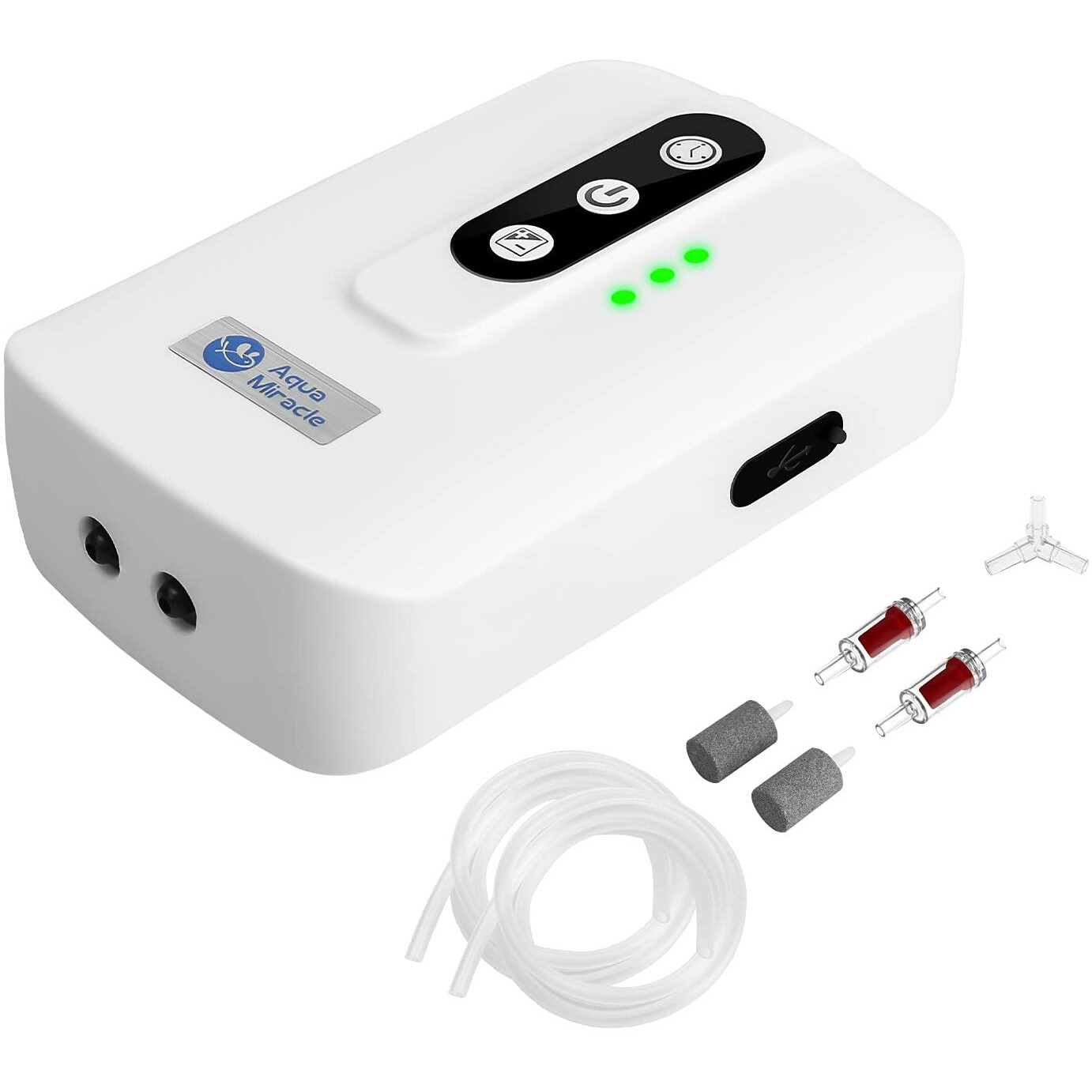 Aquamiracle Lithium Battery Powered Portable Dual Outlet Aquarium Air Pump For Fish Tank Up To 120Gals, Usb Rechargeable Aquarium Bubbler Aerator For Fishing, Power Outages And Emergency