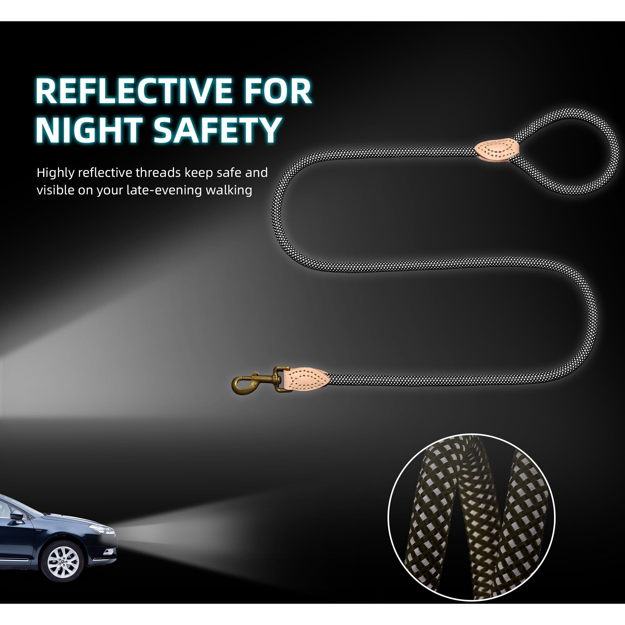 Mile High Life Reflective Dog Leash, Strong Nylon Dog Rope Heavy Duty Dog Training Leashes For Small Medium Large Dogs, Heavy Duty Climbing Rope Dog Leash W Leather Tip(Black, 48 Inch)