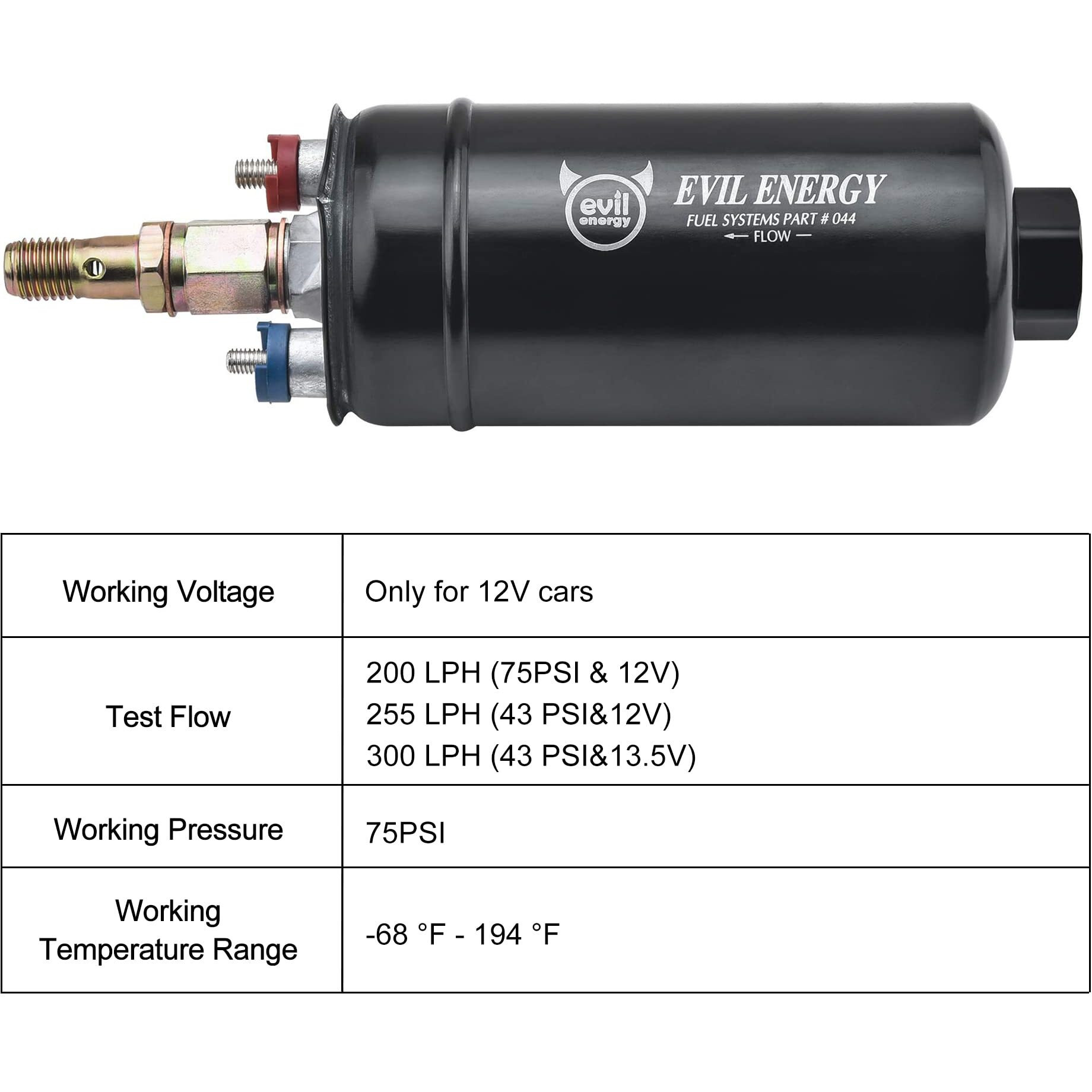 Evil Energy External Inline Fuel Pump Electric 300Lph High Flow 12V Universal