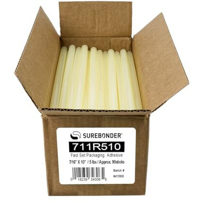 Surebonder 711R510 Full Size 10&quot Fast Set Packaging Hot Glue Sticks For Box And Package Sealing, 15 Second Set Time, 5 Lb Box, Light Amber