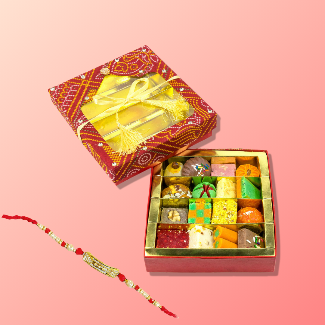 Red Bandhani Square Large with Rakhi