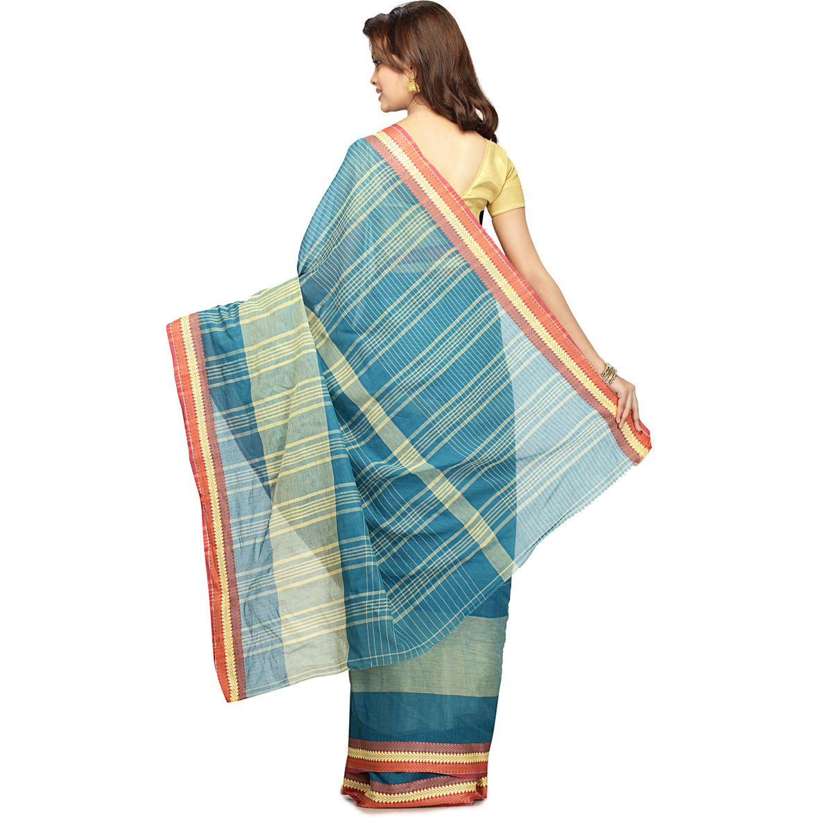 Bondi Blue and Moss Green Cotton Woven Festival Saree
