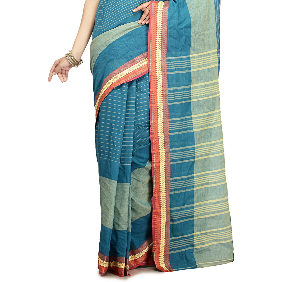 Bondi Blue and Moss Green Cotton Woven Festival Saree