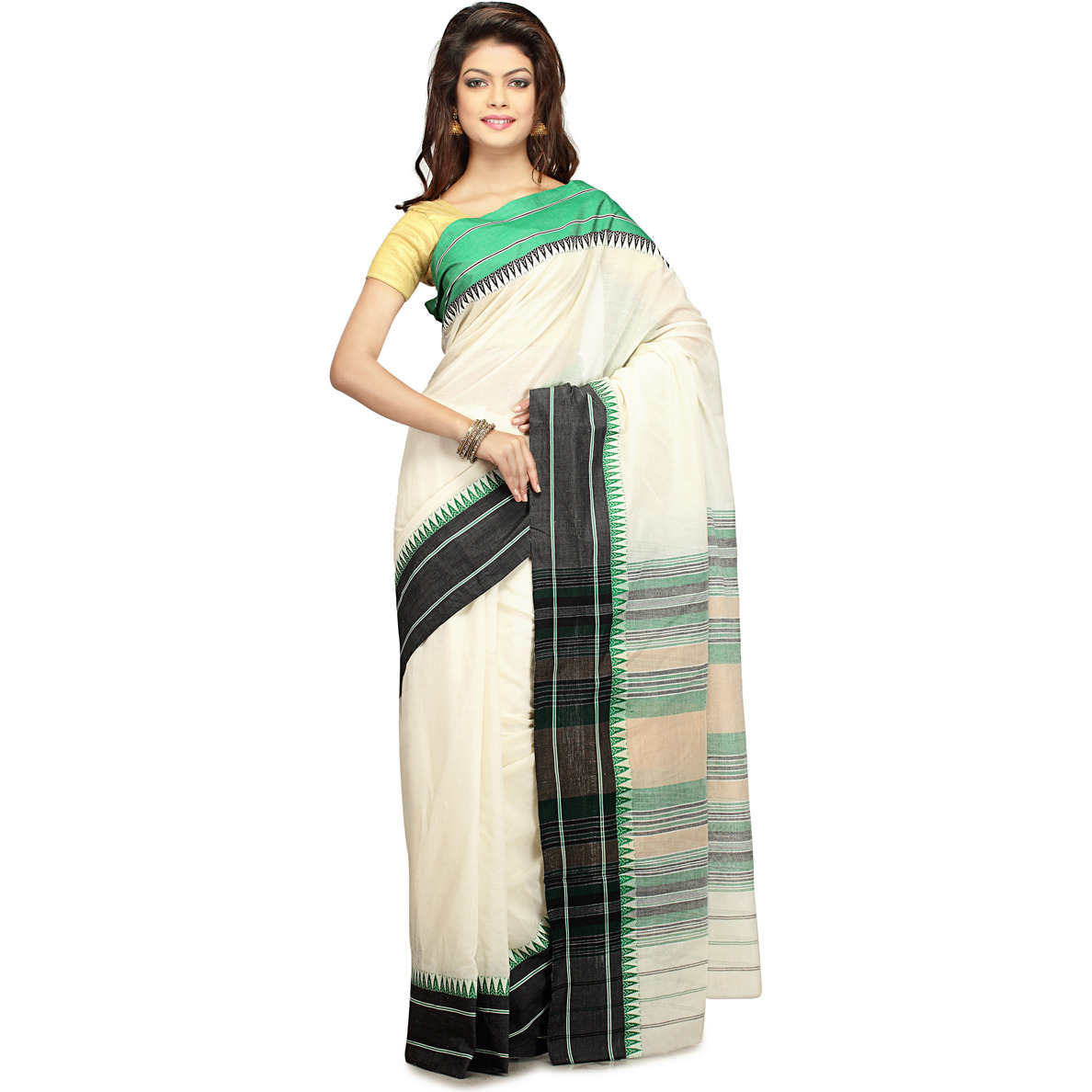 Cream Yellow and Lime Green Handloom Cotton Woven Festival Saree