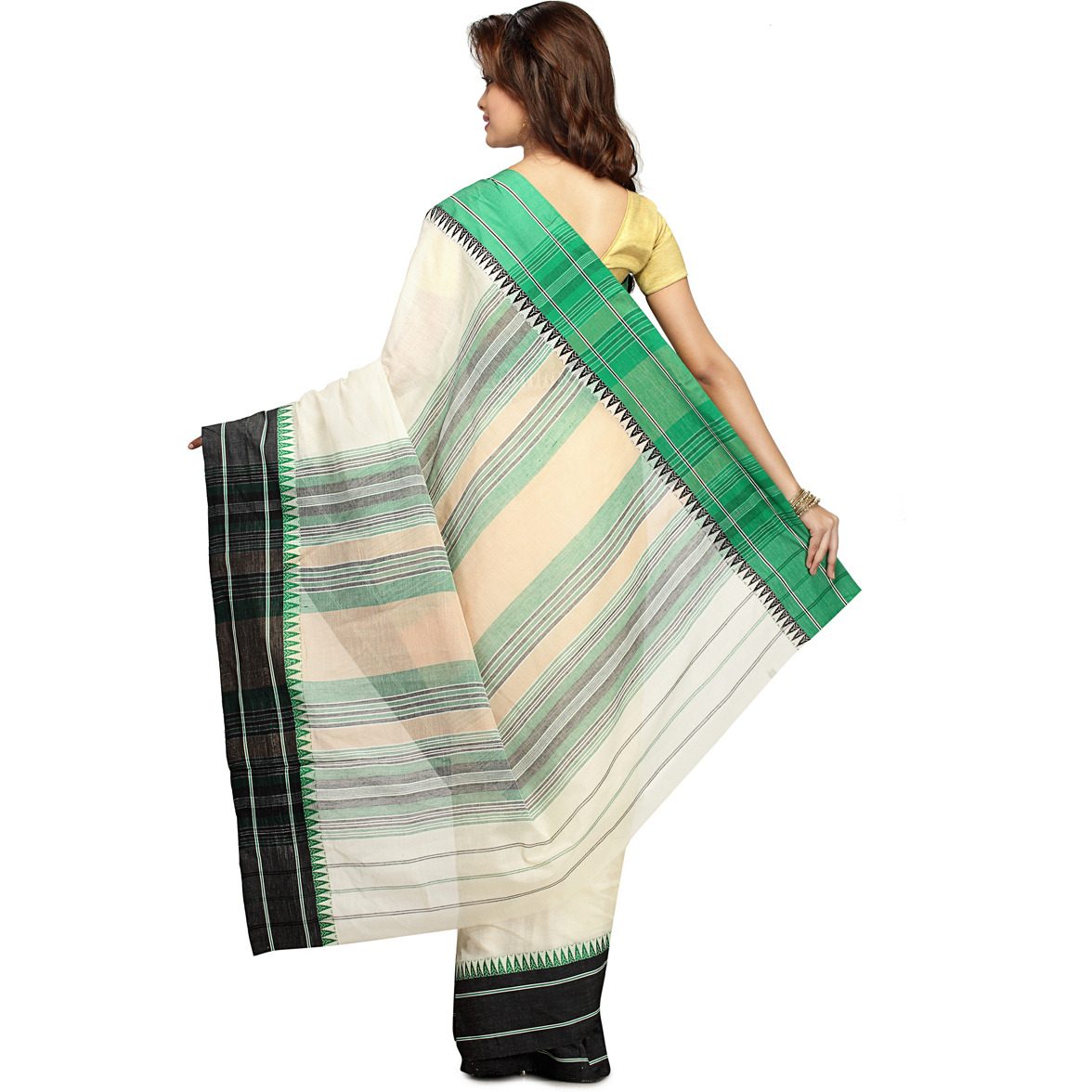 Cream Yellow and Lime Green Handloom Cotton Woven Festival Saree