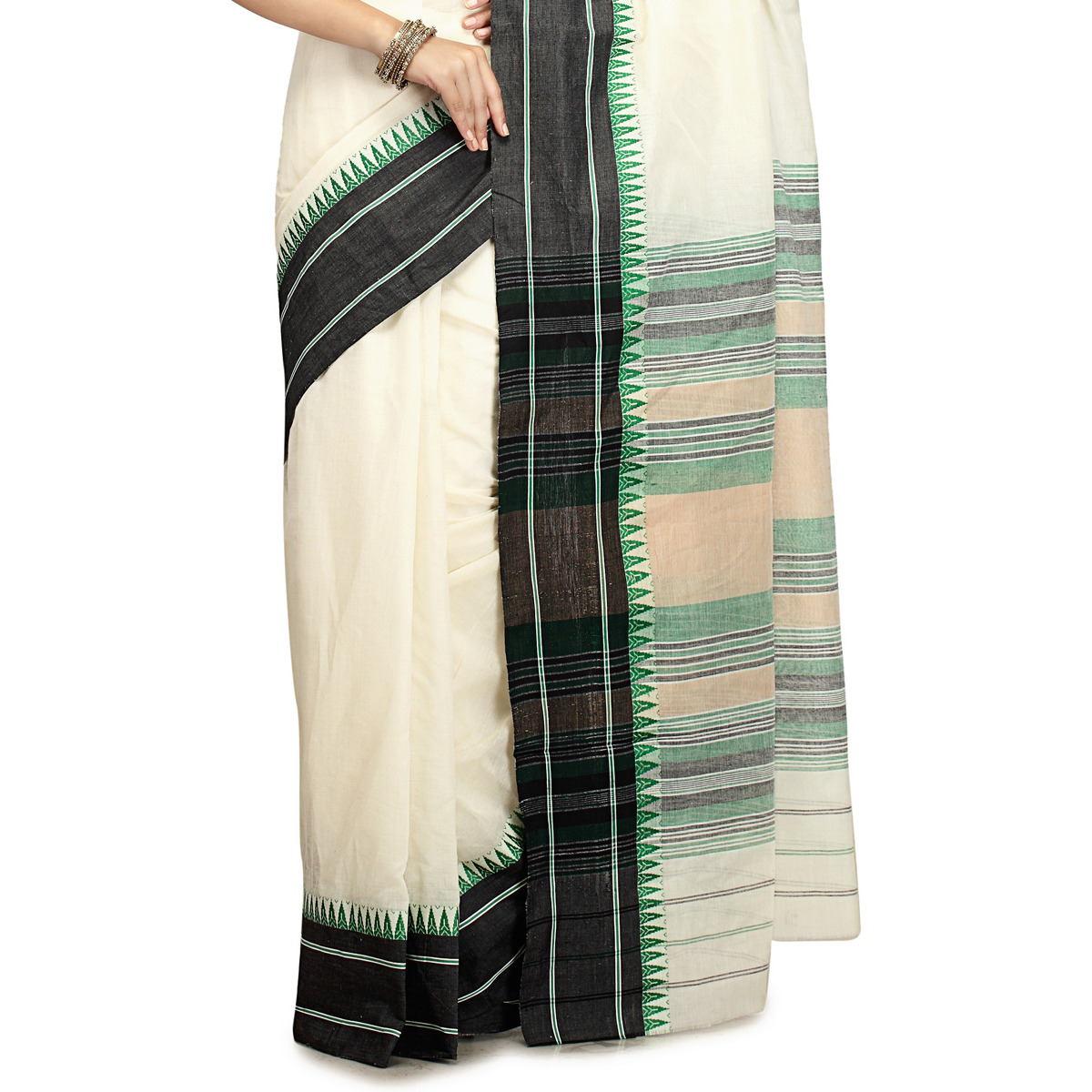 Cream Yellow and Lime Green Handloom Cotton Woven Festival Saree