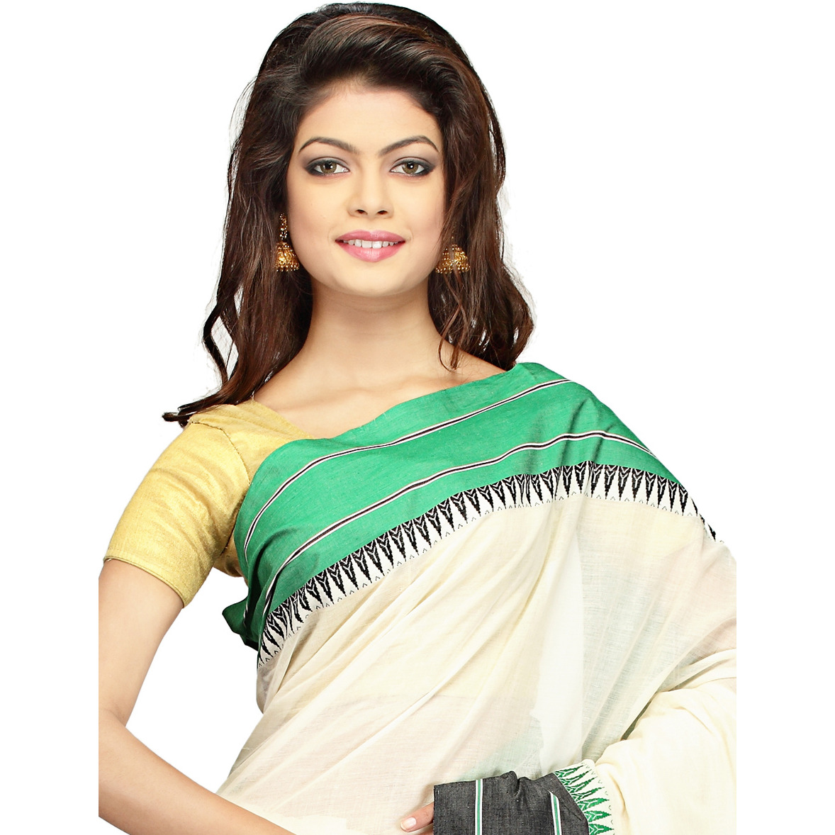 Cream Yellow and Lime Green Handloom Cotton Woven Festival Saree