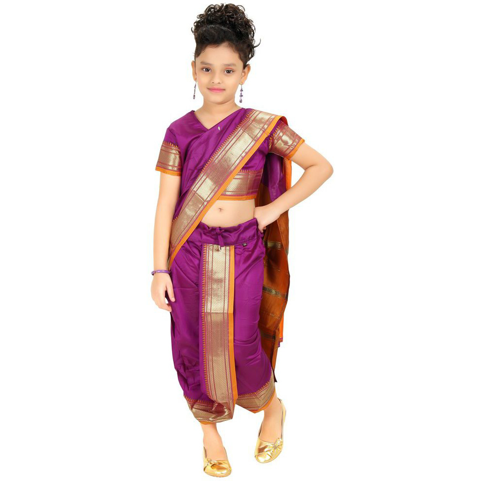 Bhartiya Paridhan Girls Ready To Wear Stitched Art Silk Traditional 9 Yard Saree With Stitched Blouse