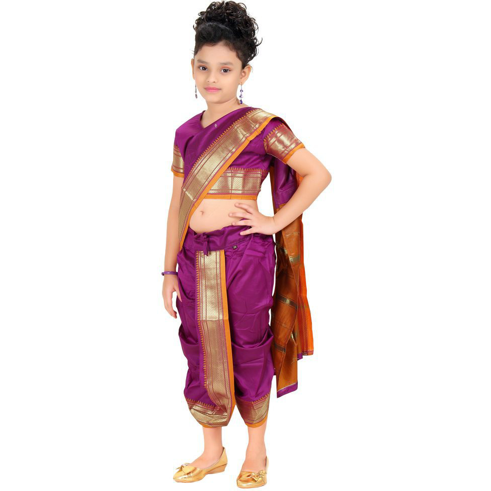 Bhartiya Paridhan Girls Ready To Wear Stitched Art Silk Traditional 9 Yard Saree With Stitched Blouse