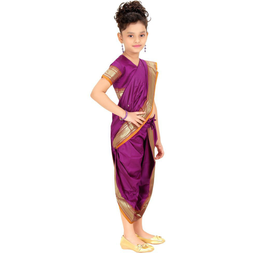 Bhartiya Paridhan Girls Ready To Wear Stitched Art Silk Traditional 9 Yard Saree With Stitched Blouse