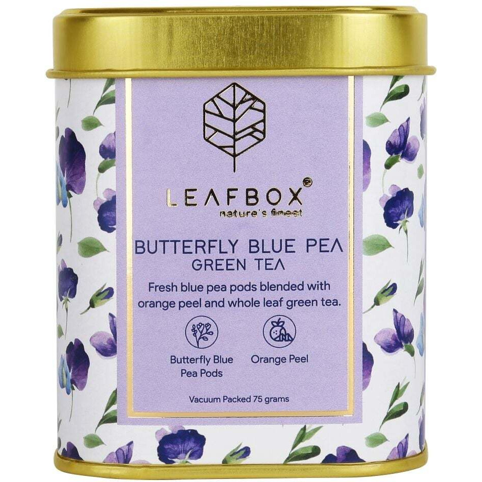 Leaf Box Butterfly Blue Pea Green Tea Loose Leaf Tin Box - 75 Grams