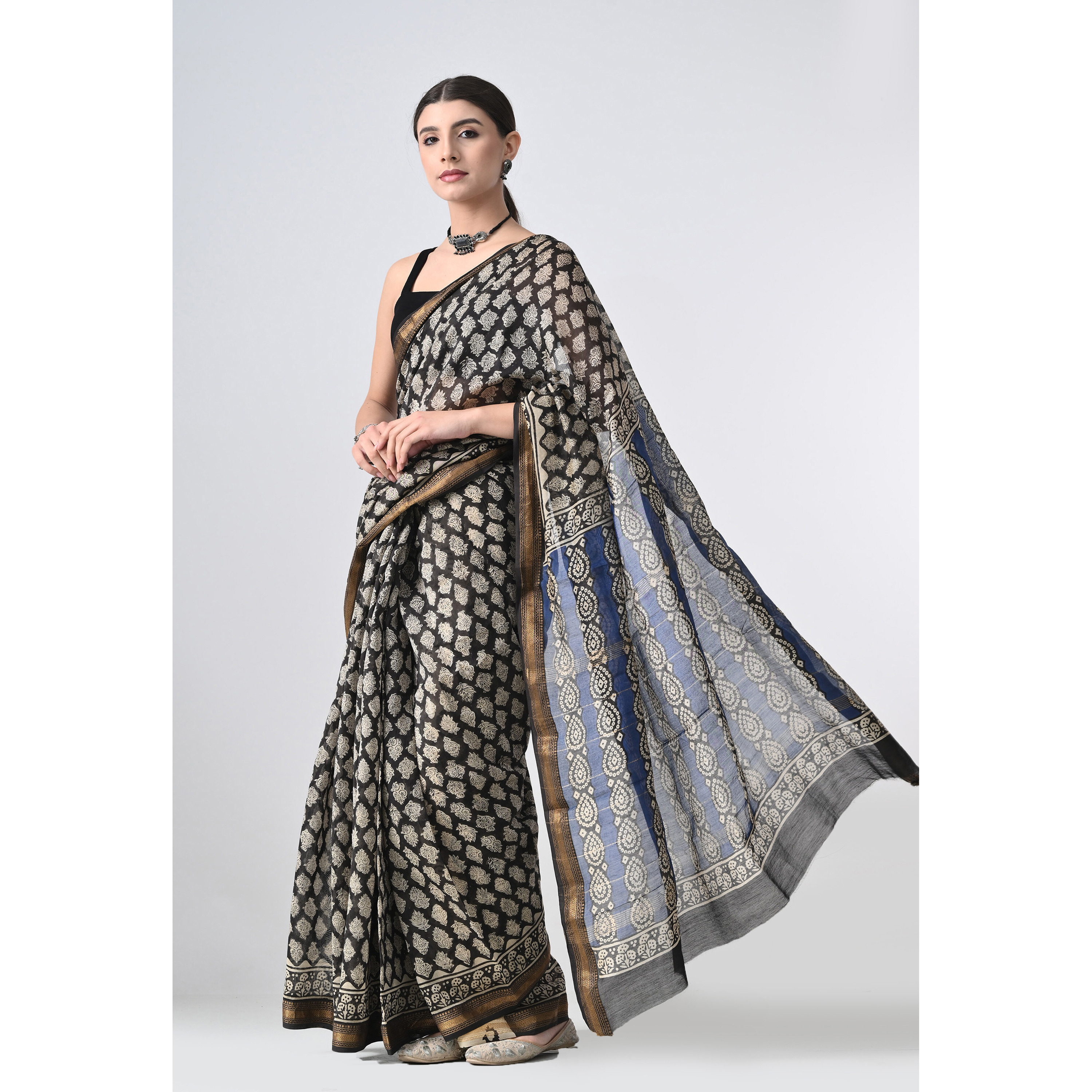 The Weavers Shop By Raavi Hand Block Cotton Printed Silk Black Saree